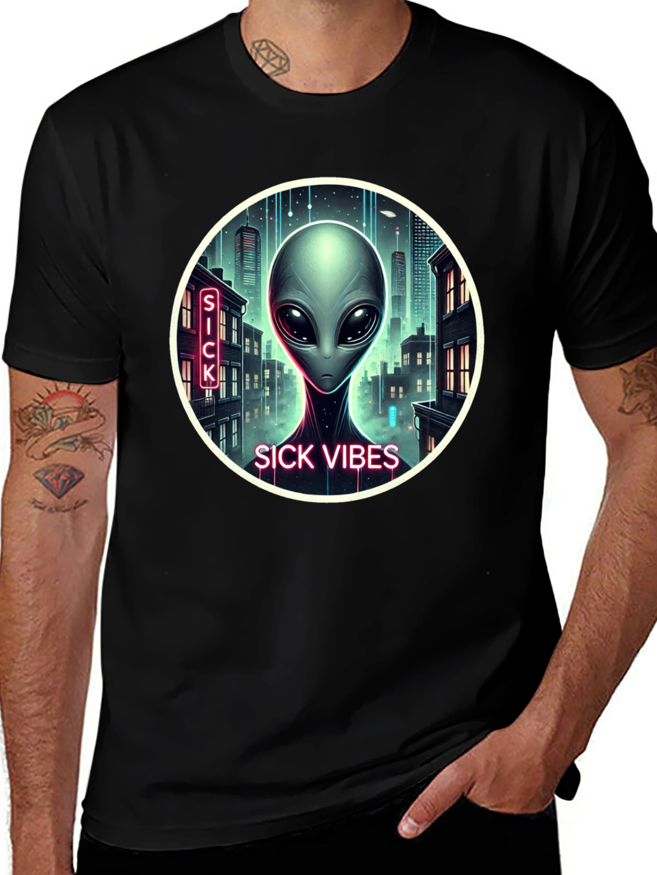 Variant 5 of Sick Vibes Alien Graphic Black T-Shirt