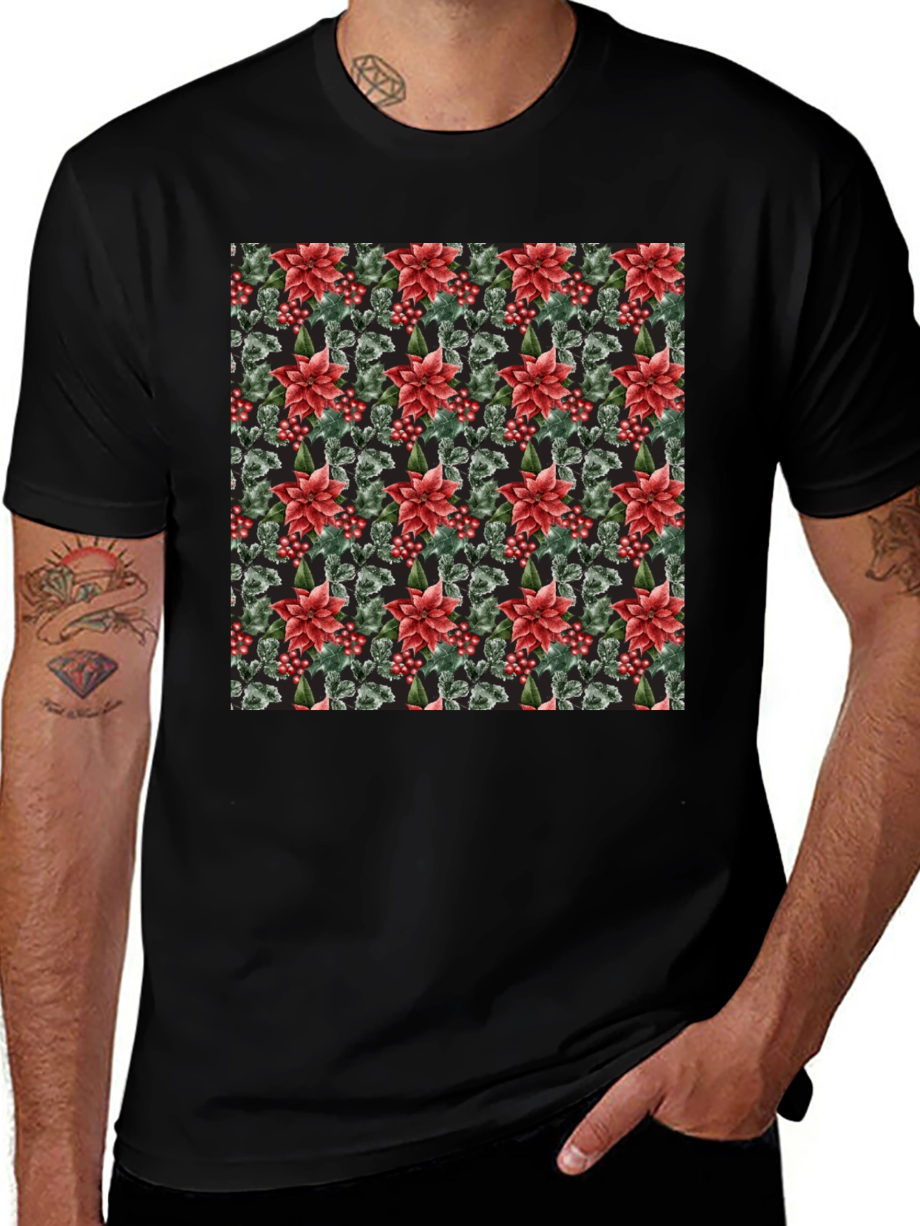 Variant 10 of Floral Poinsettia Print Black T-Shirt