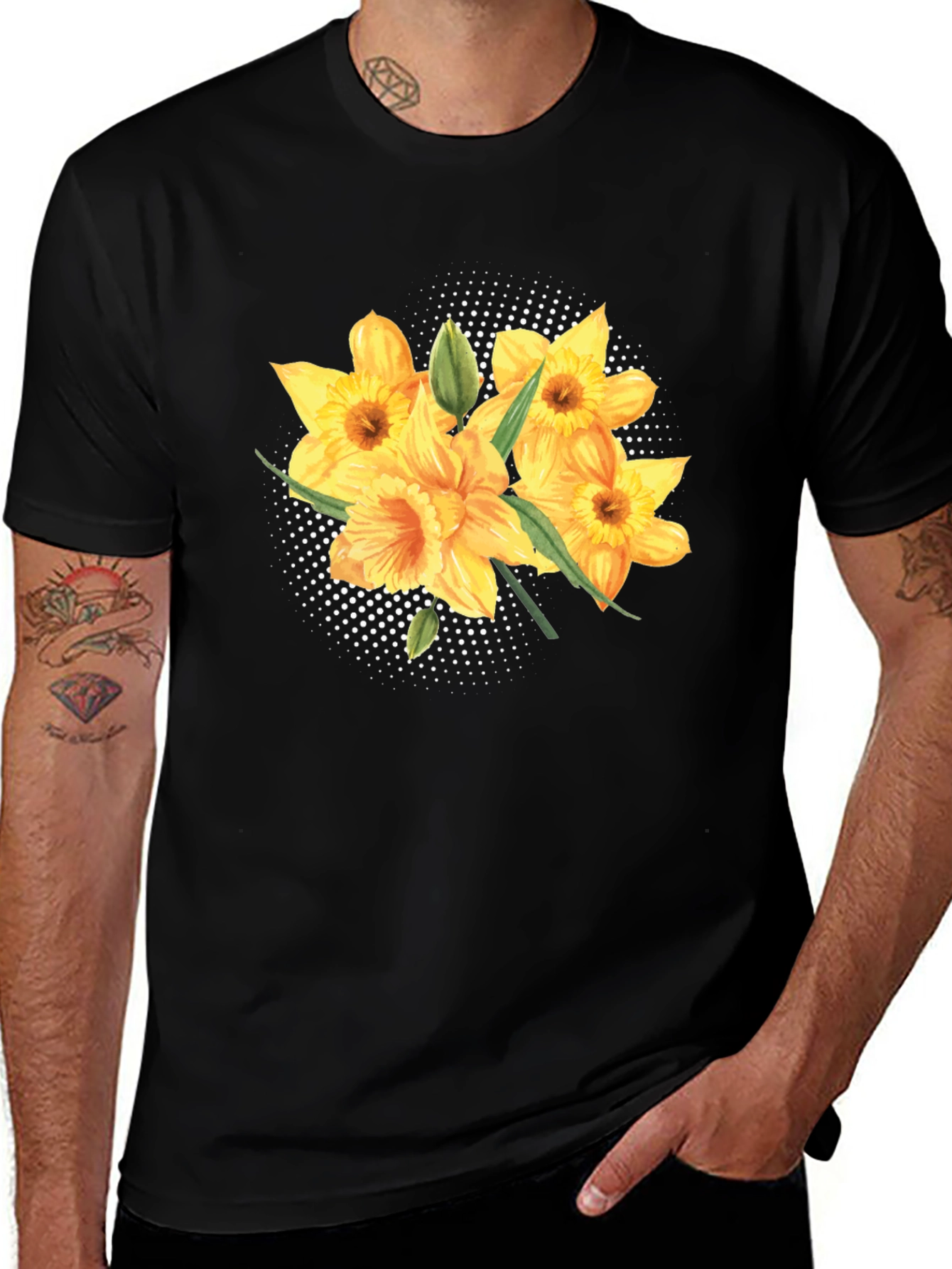 Floral Daffodil Print Black T-Shirt