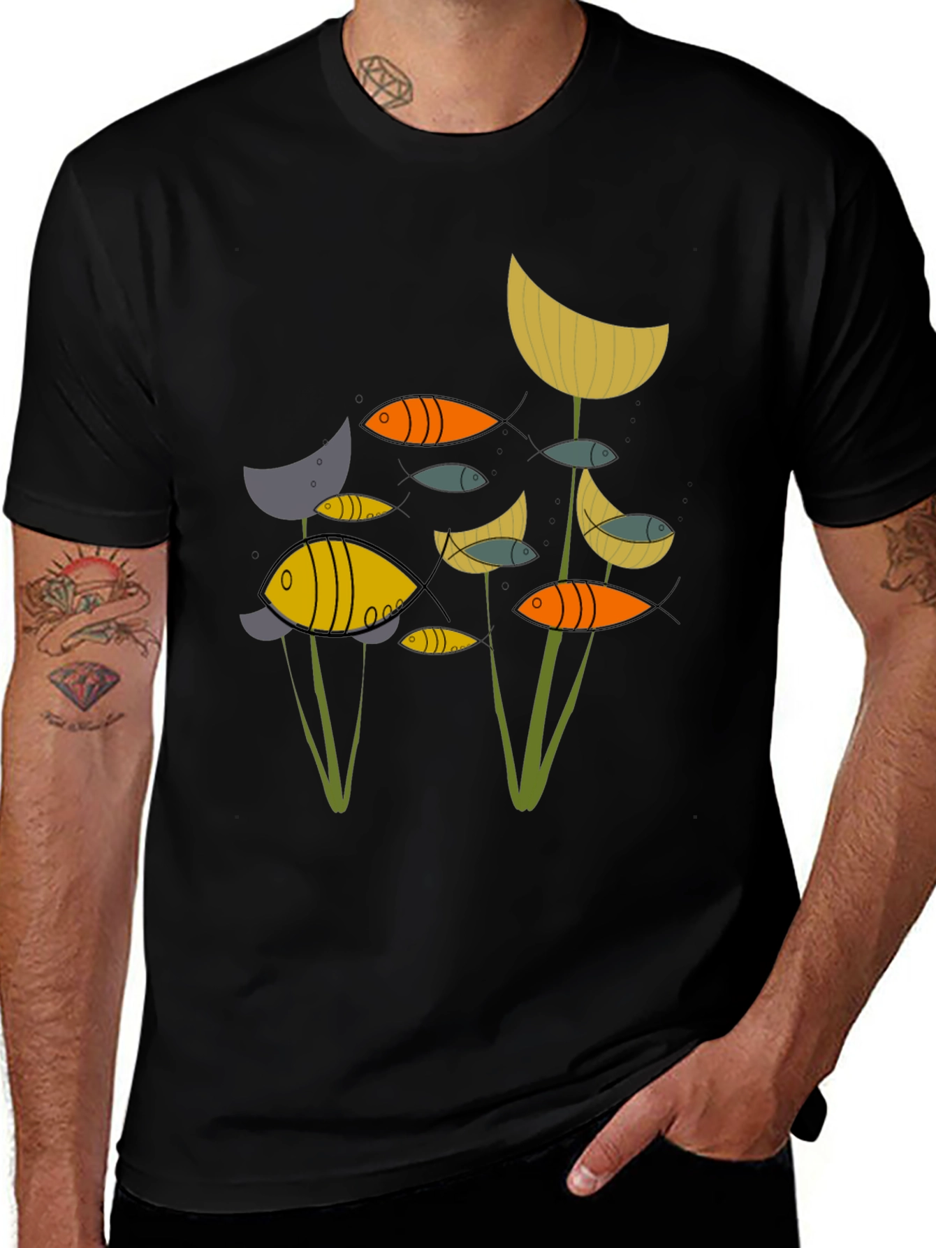 Variant 23 of Abstract Fish Graphic Print Black T-Shirt