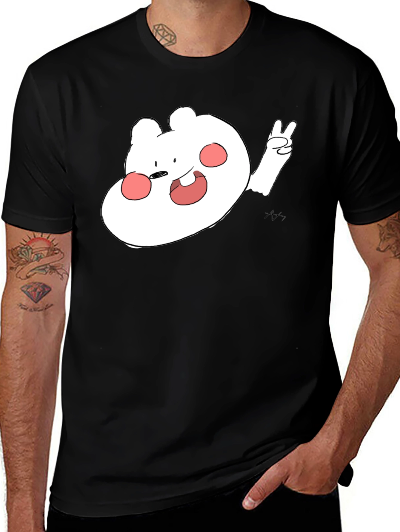 Variant 11 of Cute Cartoon Bear Peace Sign Black T-Shirt