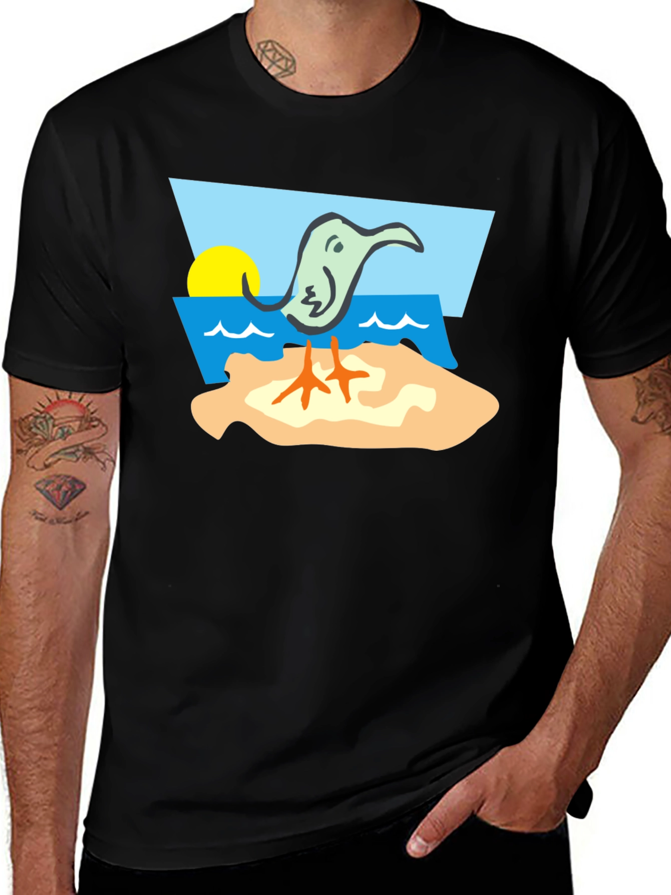 Variant 27 of Cartoon Bird Graphic Tee - Beach Vibe Black T-Shirt