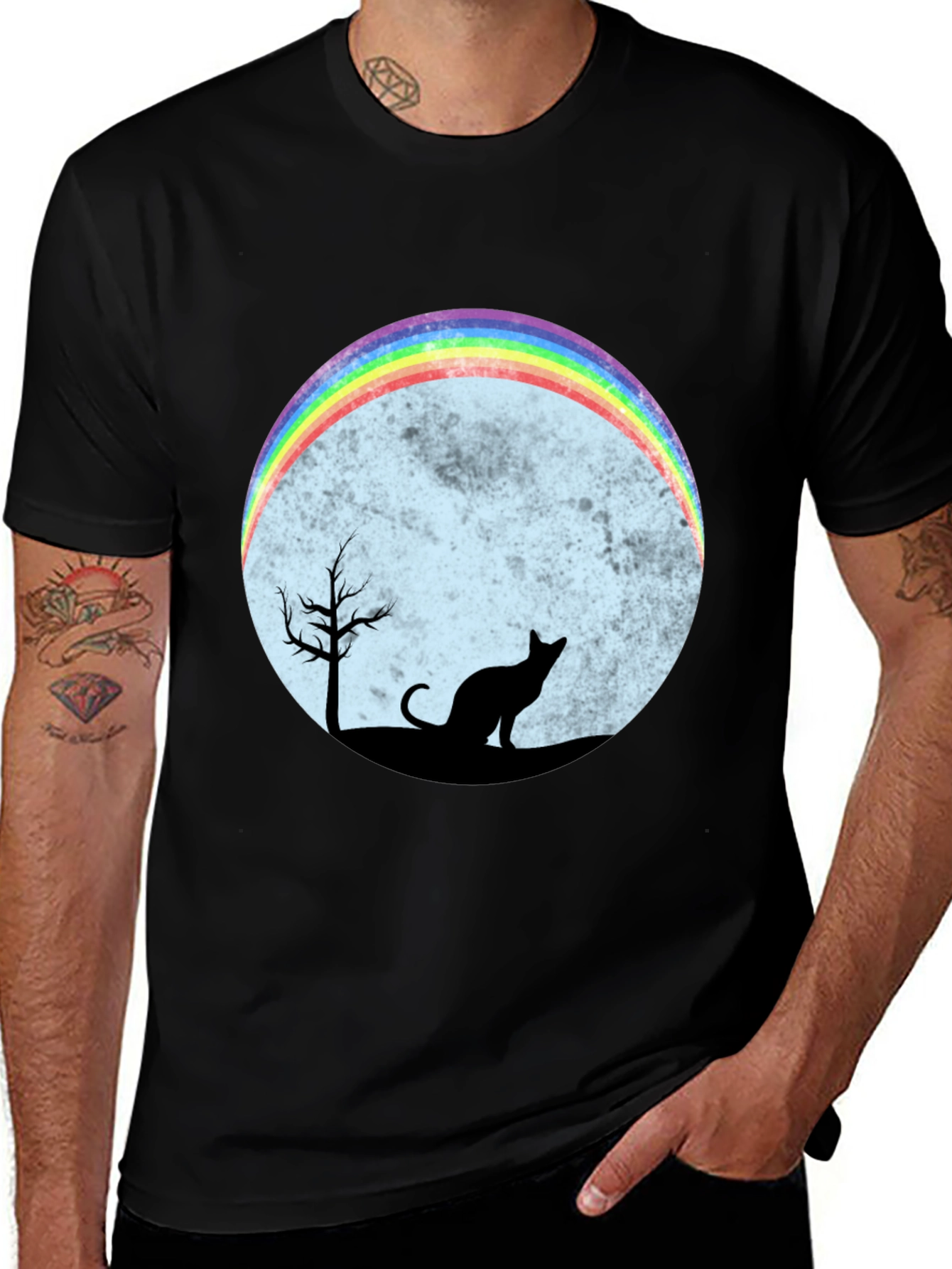 Black Rainbow Cat Silhouette Graphic T-Shirt main image