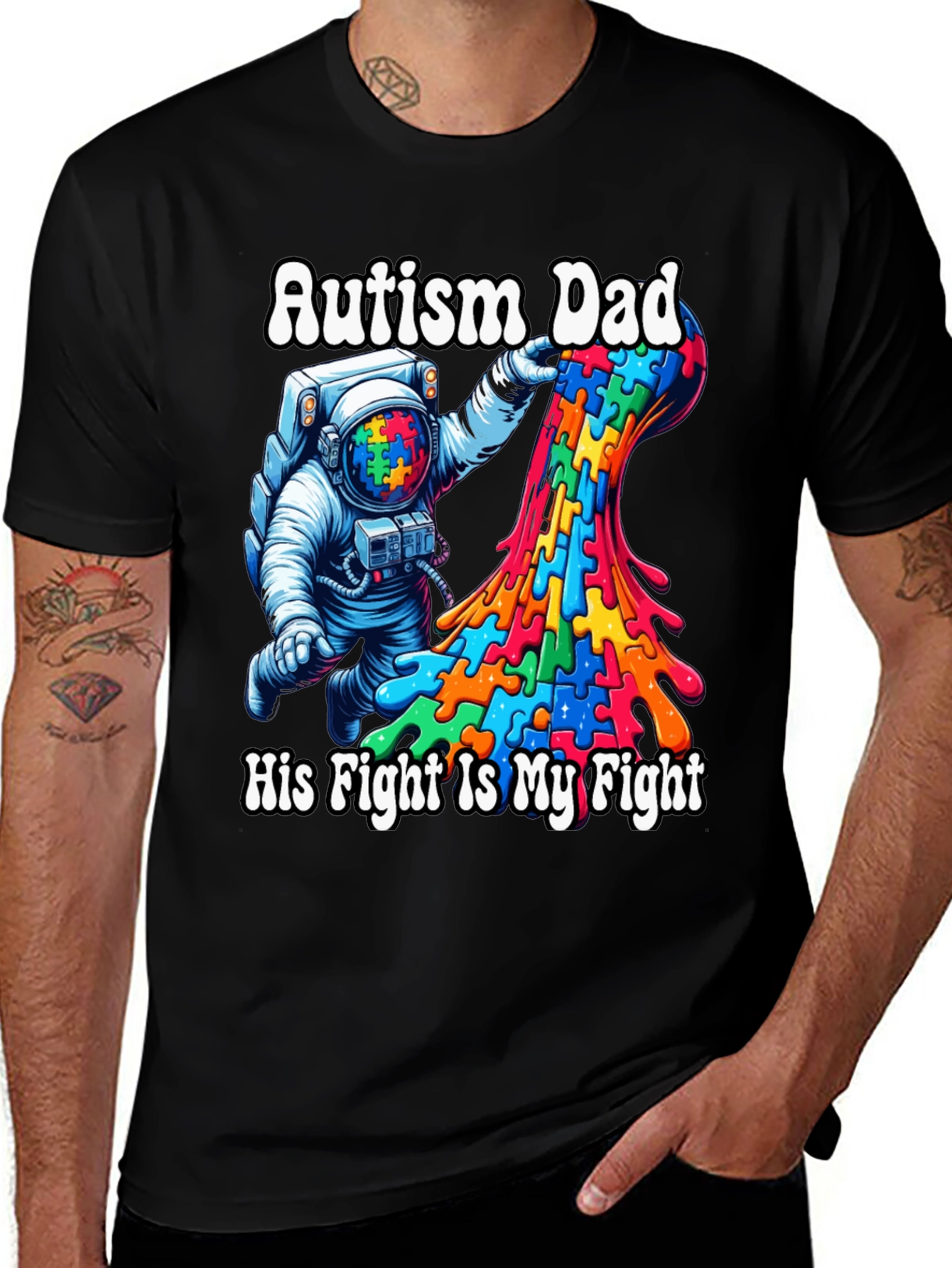 Autism Dad T-Shirt Puzzle Piece Astronaut Tee