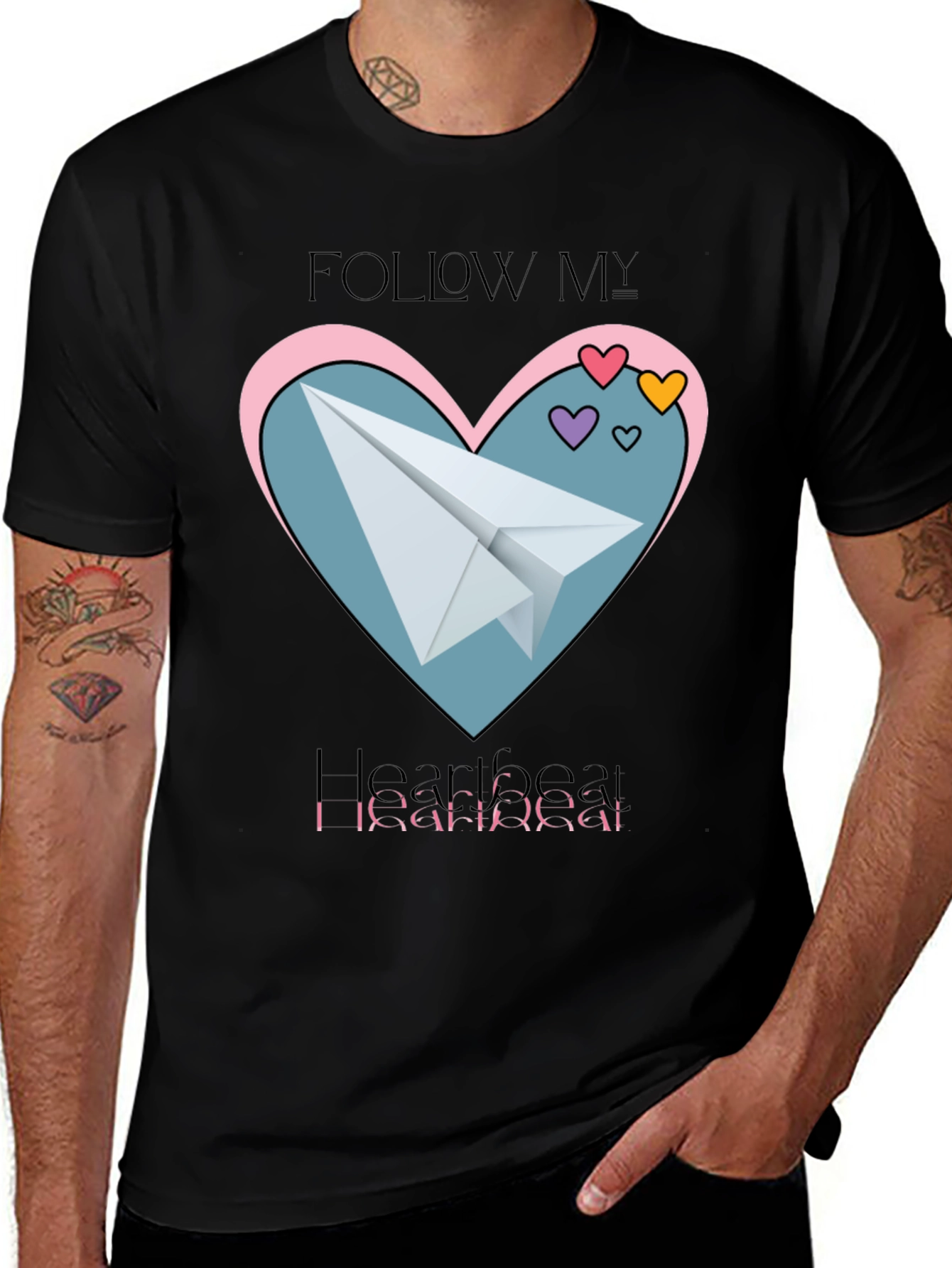Black Follow My Heartbeat T-Shirt: Paper Airplane Love Design main image