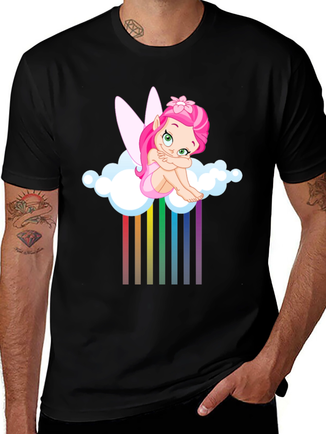 Variant 4 of Rainbow Fairy on Cloud Black T-Shirt