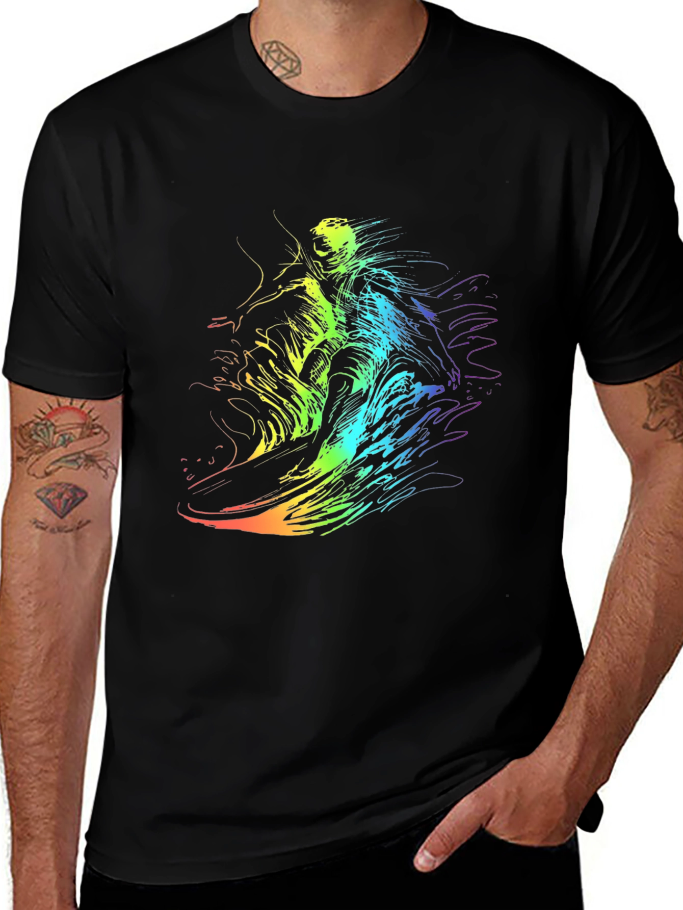 Variant 24 of Rainbow Surf Tee - Unique Graphic Print Black T-Shirt