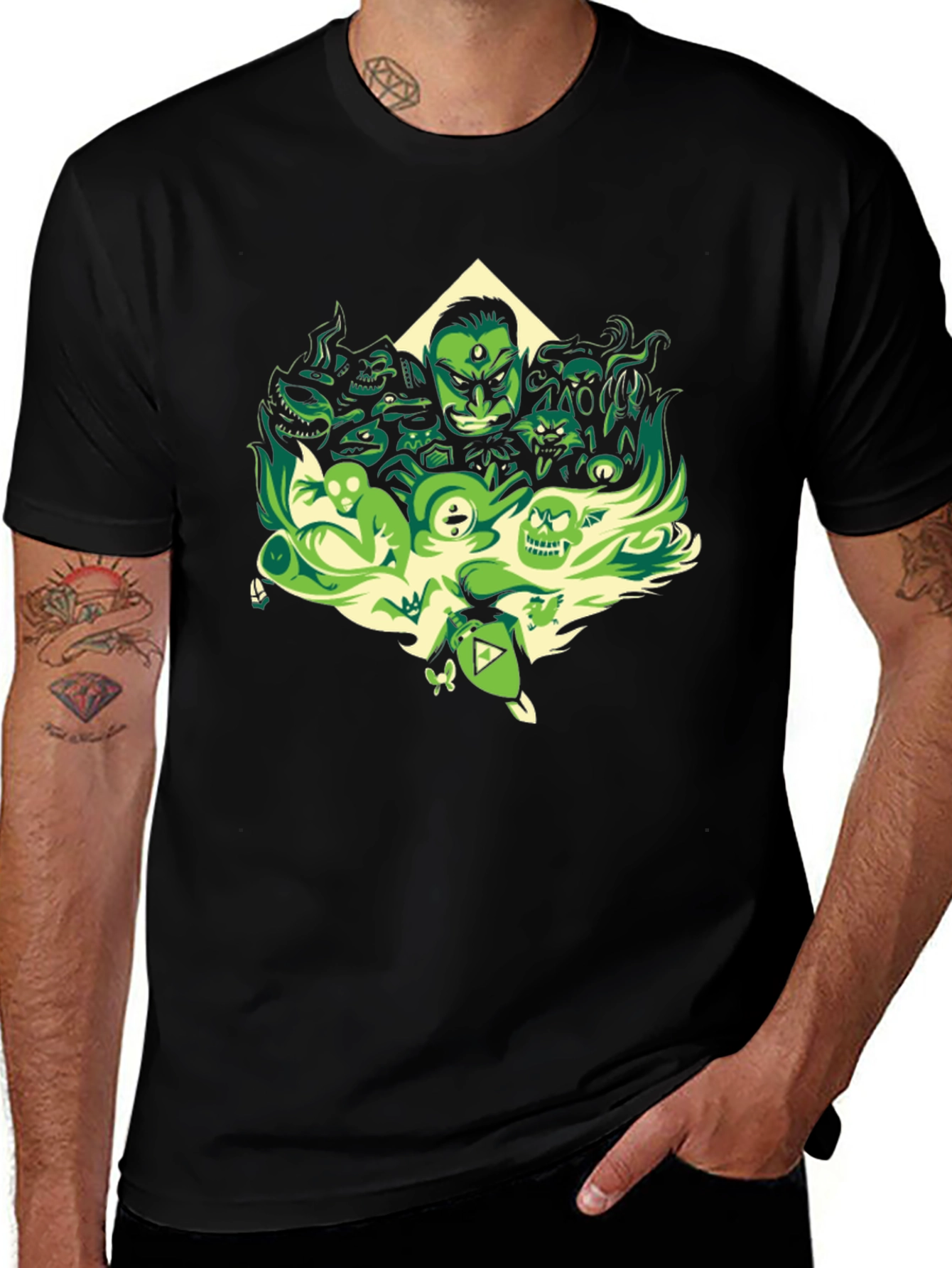 Variant 4 of Men's Black Graphic Tee - Spooky Green Monsters