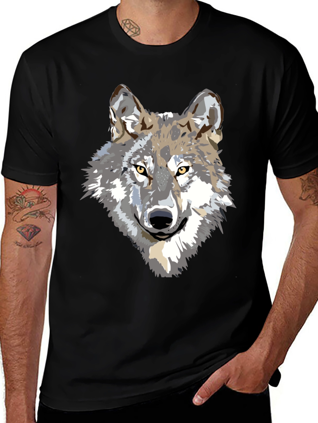 Black Men's Black T-Shirt with Wolf Graphic main image