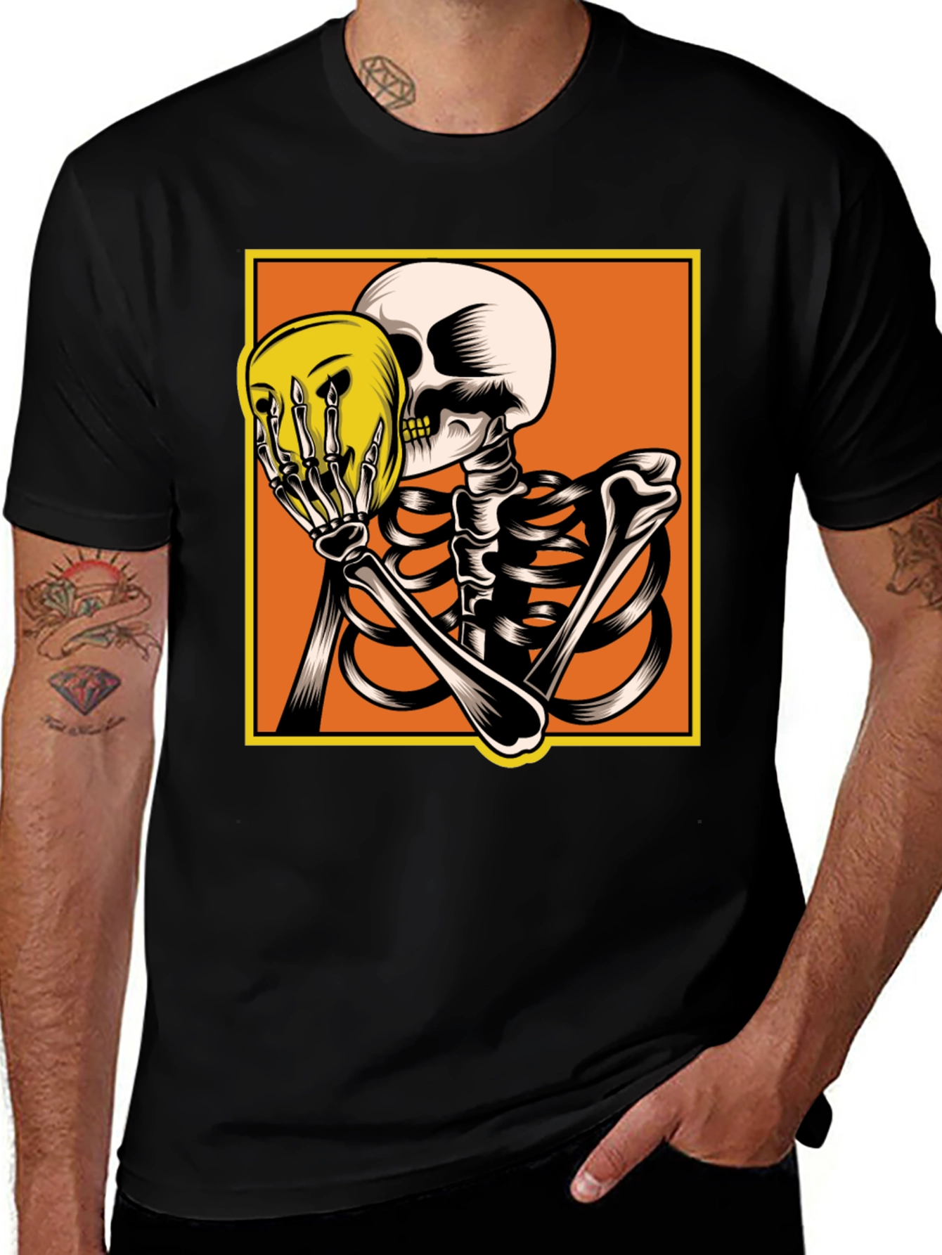 Variant 8 of Skeleton Holding Mask Graphic Tee - Spooky Style