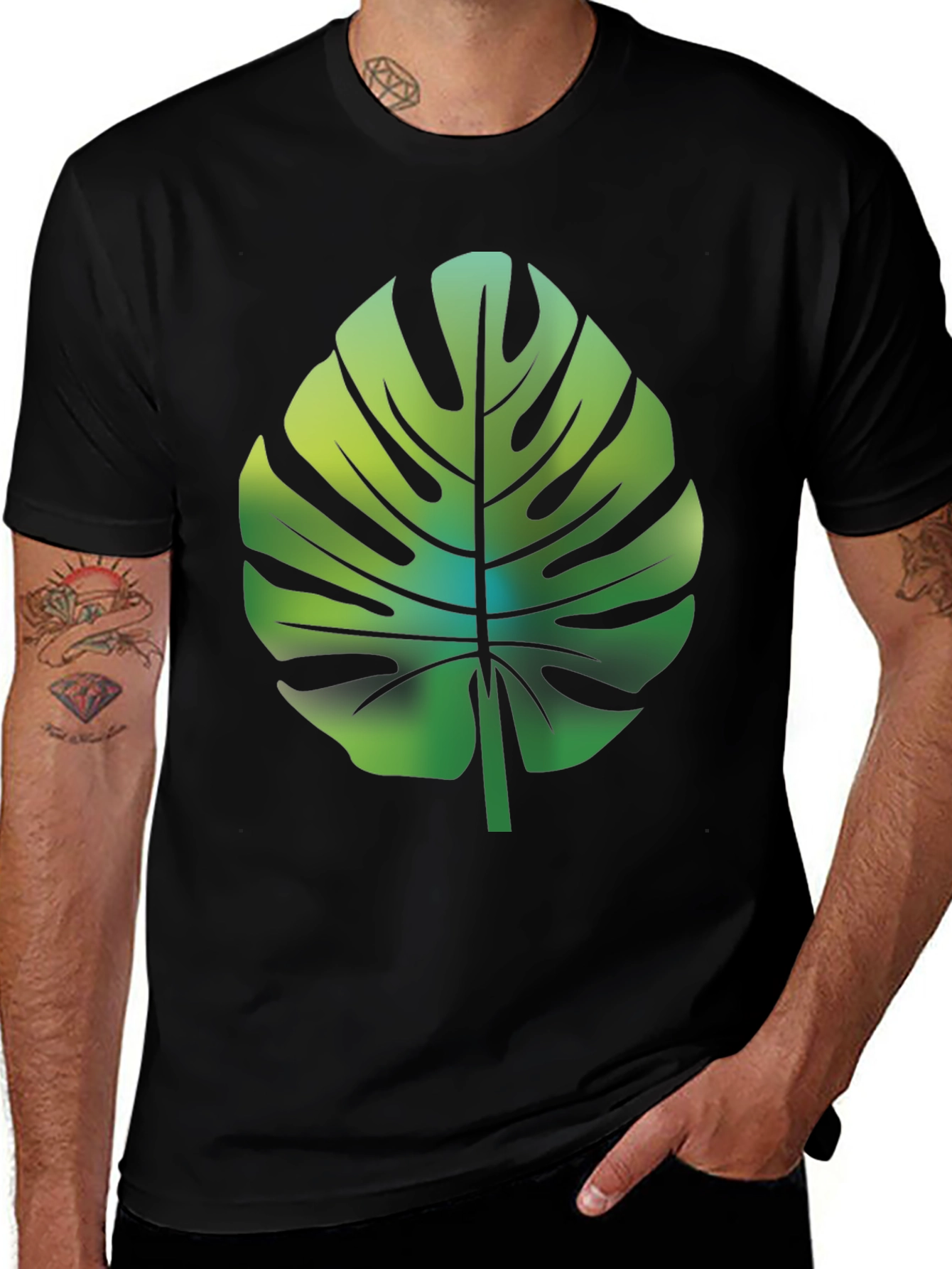 Variant 5 of Tropical Monstera Leaf Graphic Tee - Black Cotton Blend