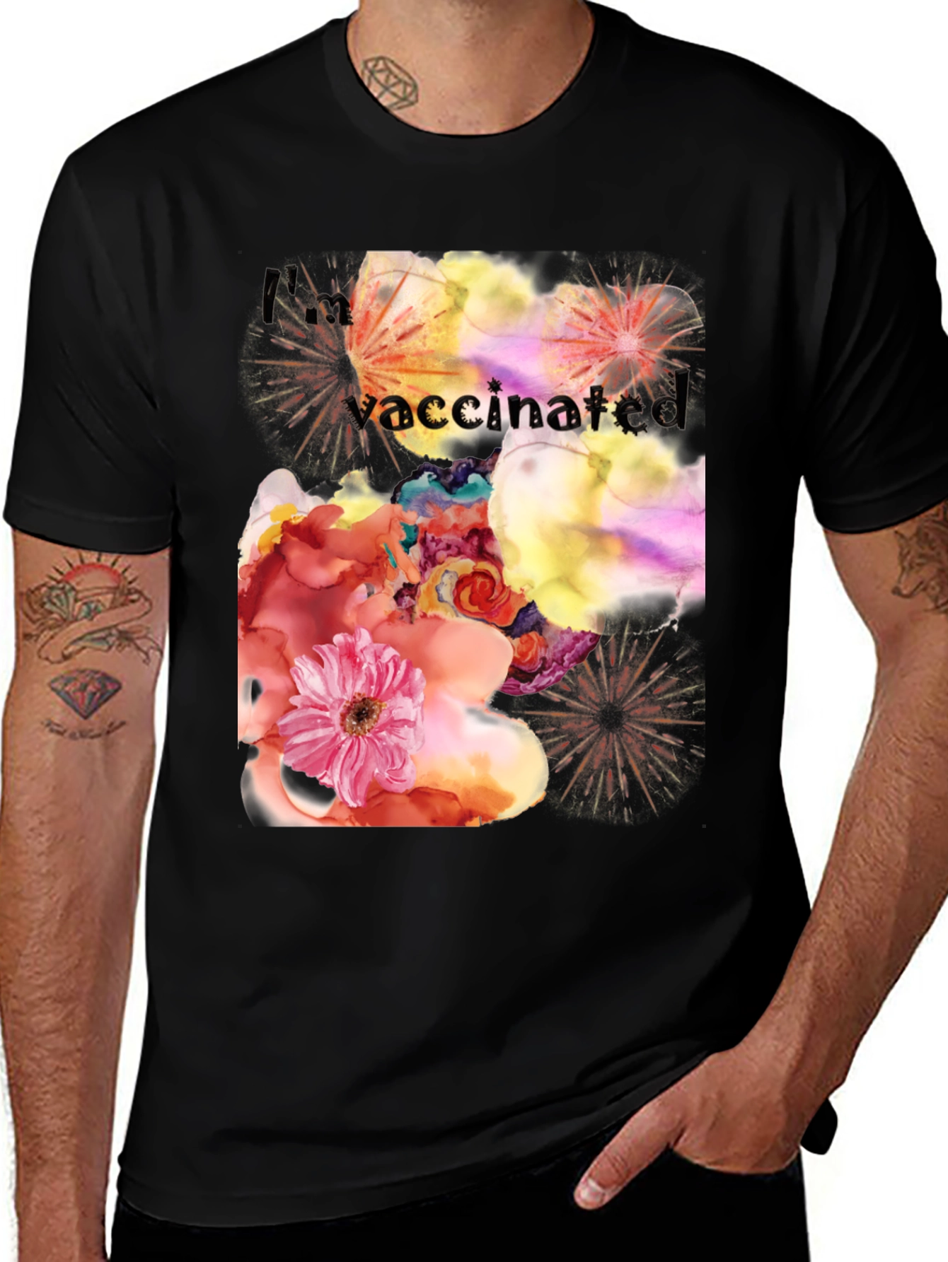Variant 18 of I'm Vaccinated Floral Graphic Tee - Black Cotton Blend