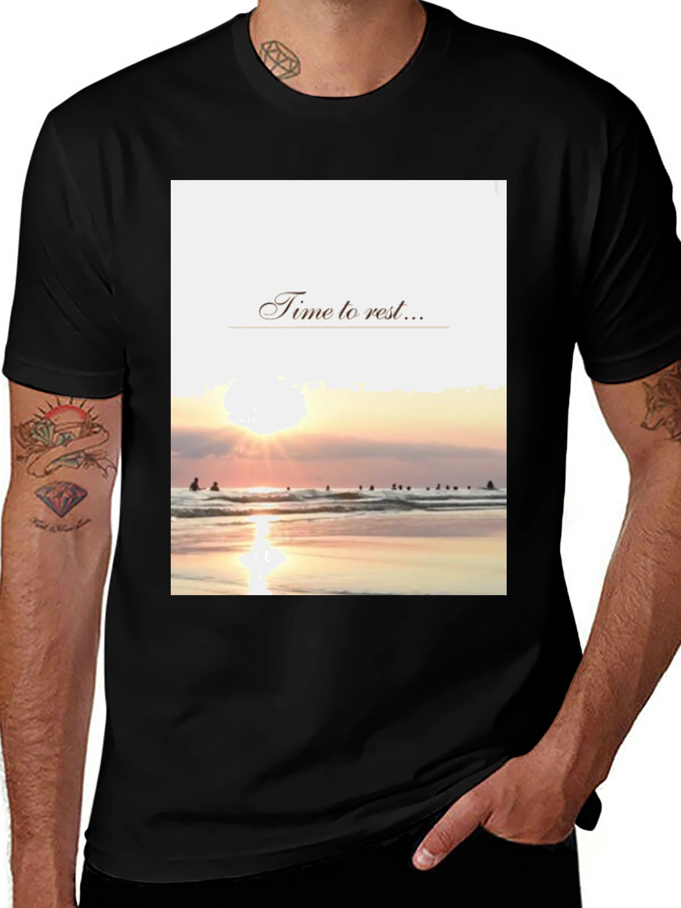 Black Time to Rest Graphic Tee - Beach Sunset Design main image