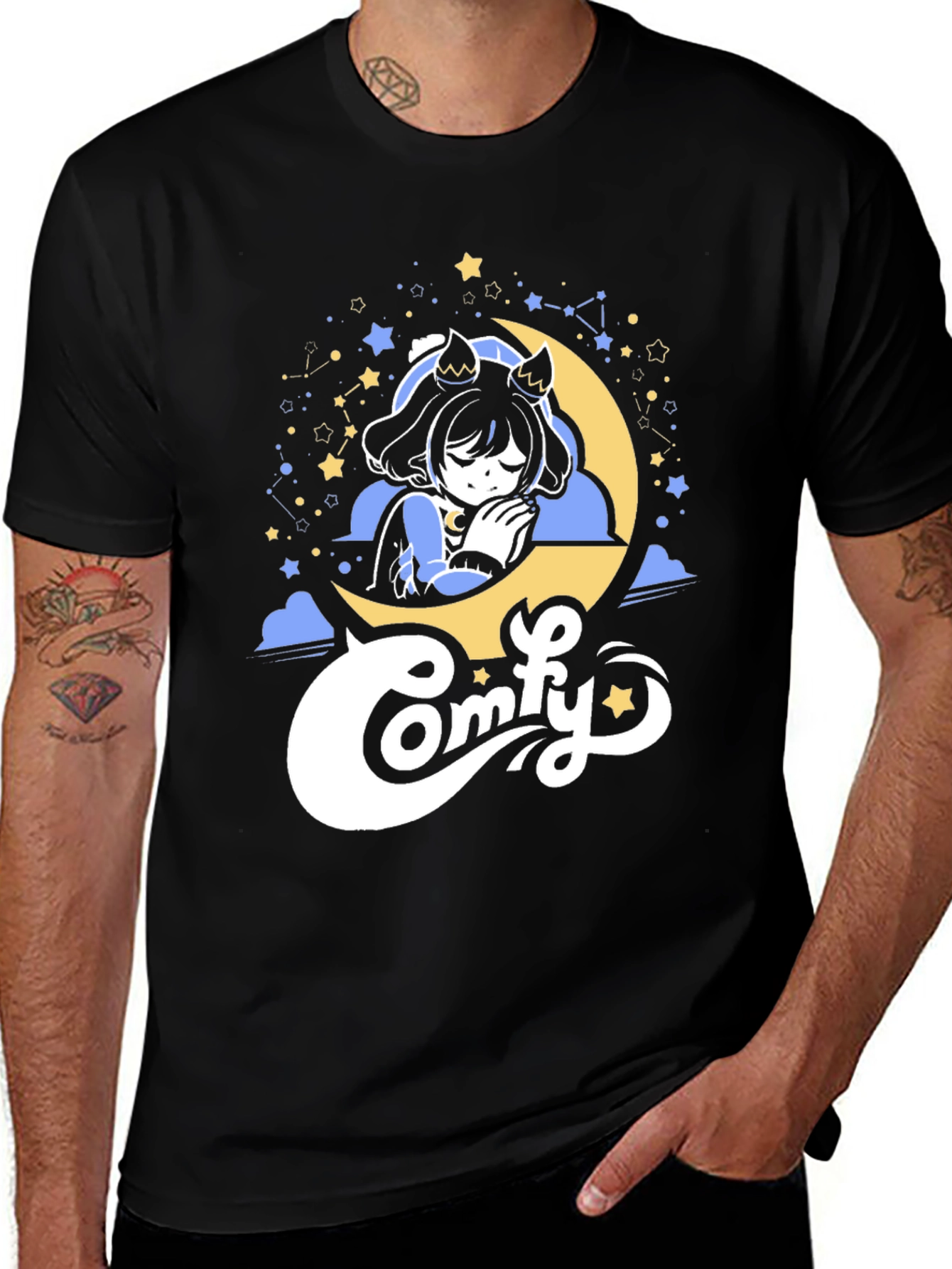 Comfy Moon Napping Anime Girl Black T-Shirt