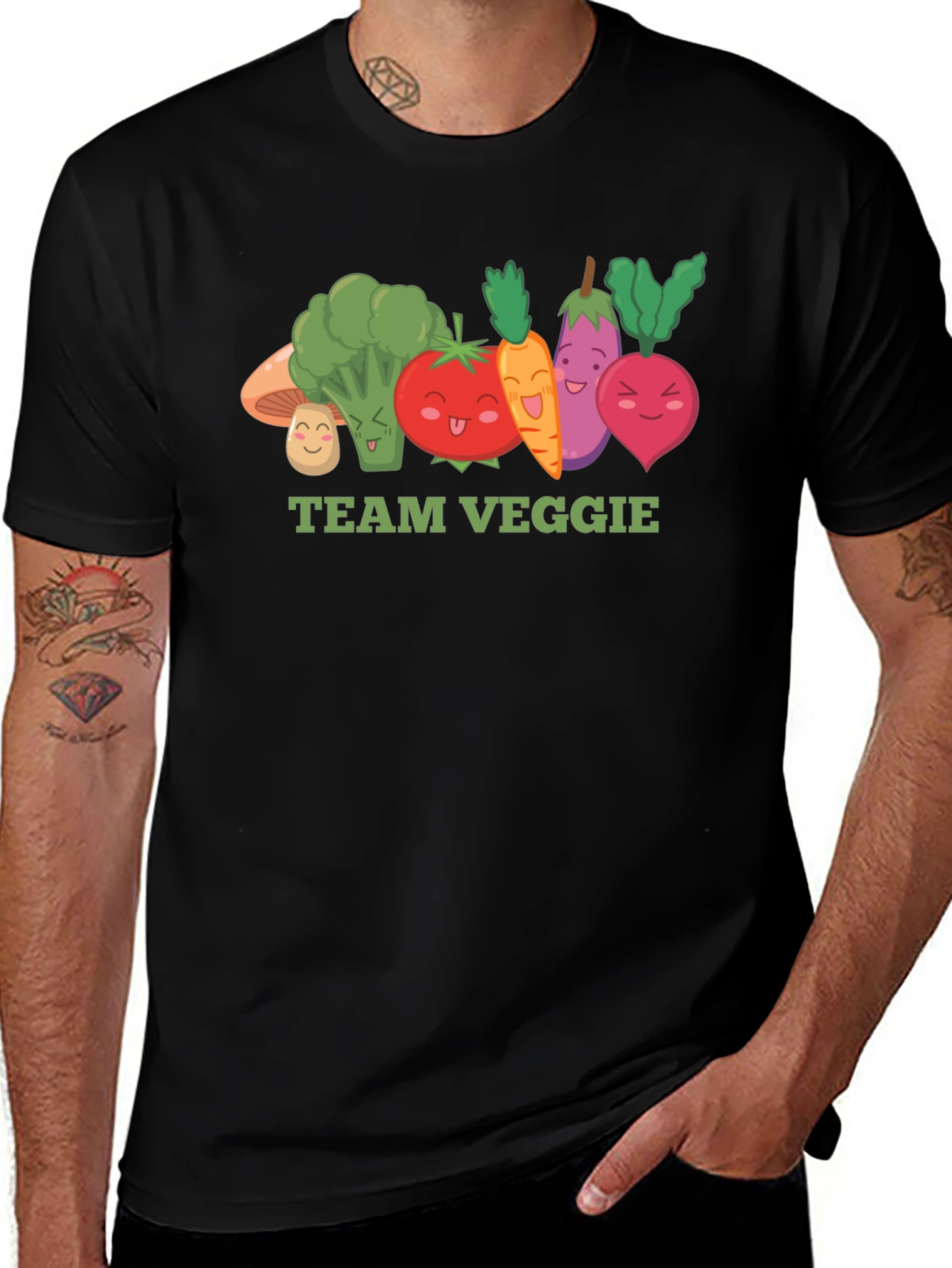 Team Veggie Black T-Shirt - Cartoon Vegetable Design