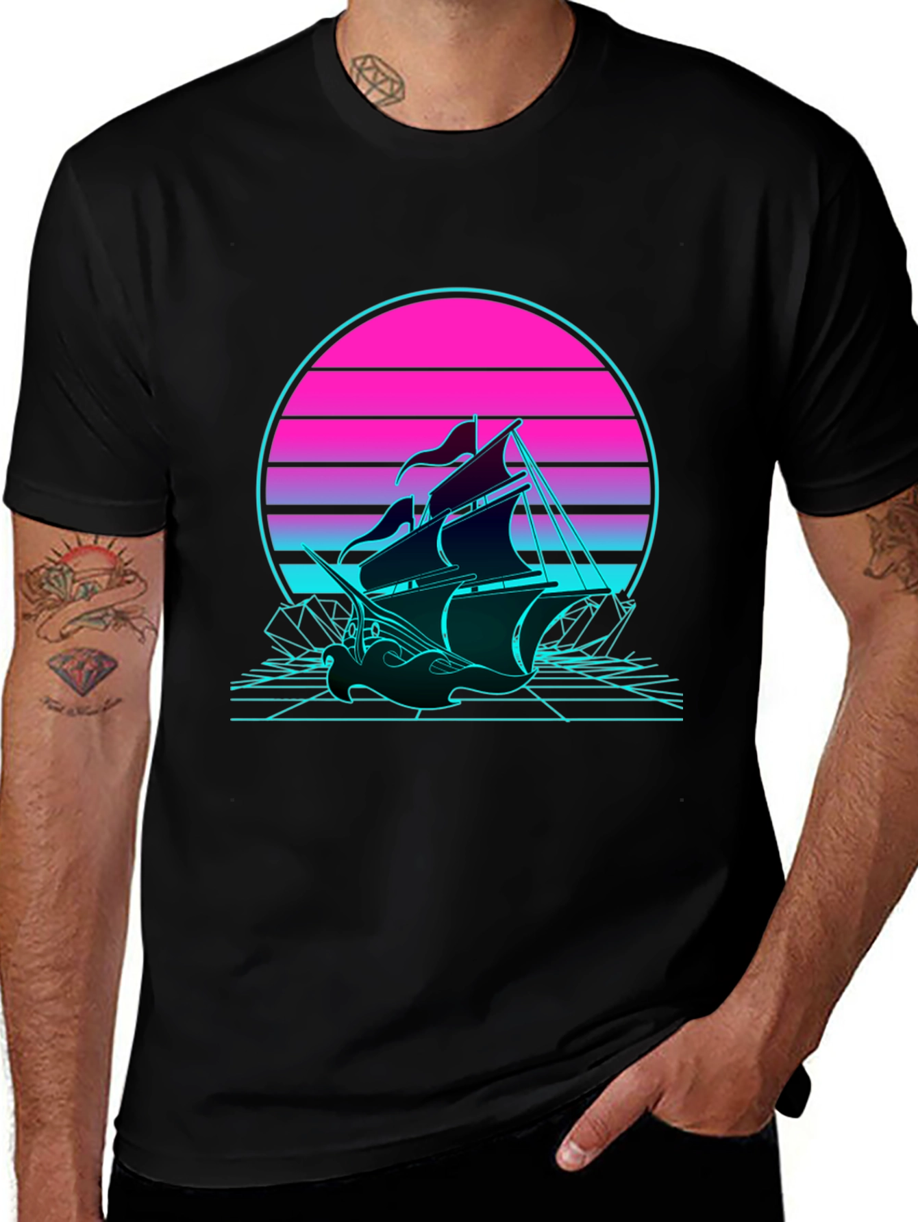 Variant 27 of Retro Wave Sailing Ship T-Shirt