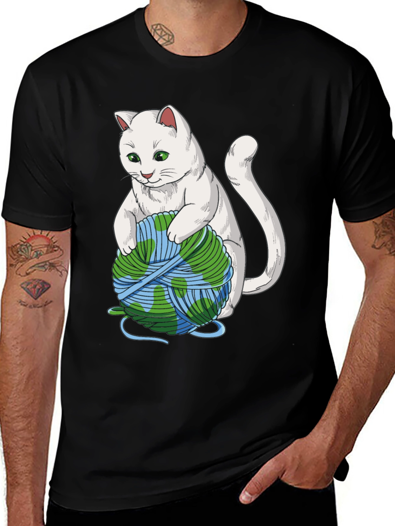 Variant 13 of Cat with Earth Yarn T-Shirt - Global Warming Awareness