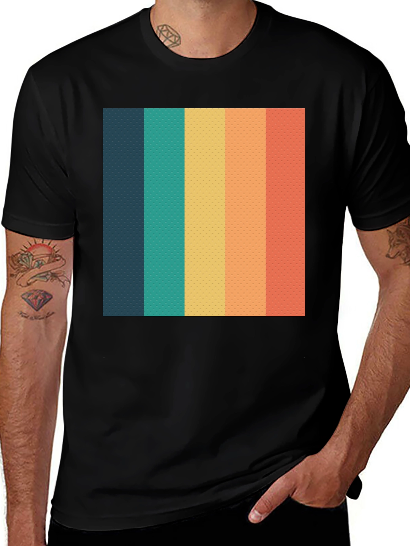 Variant 18 of Retro Striped T-Shirt - Black Crew Neck Tee
