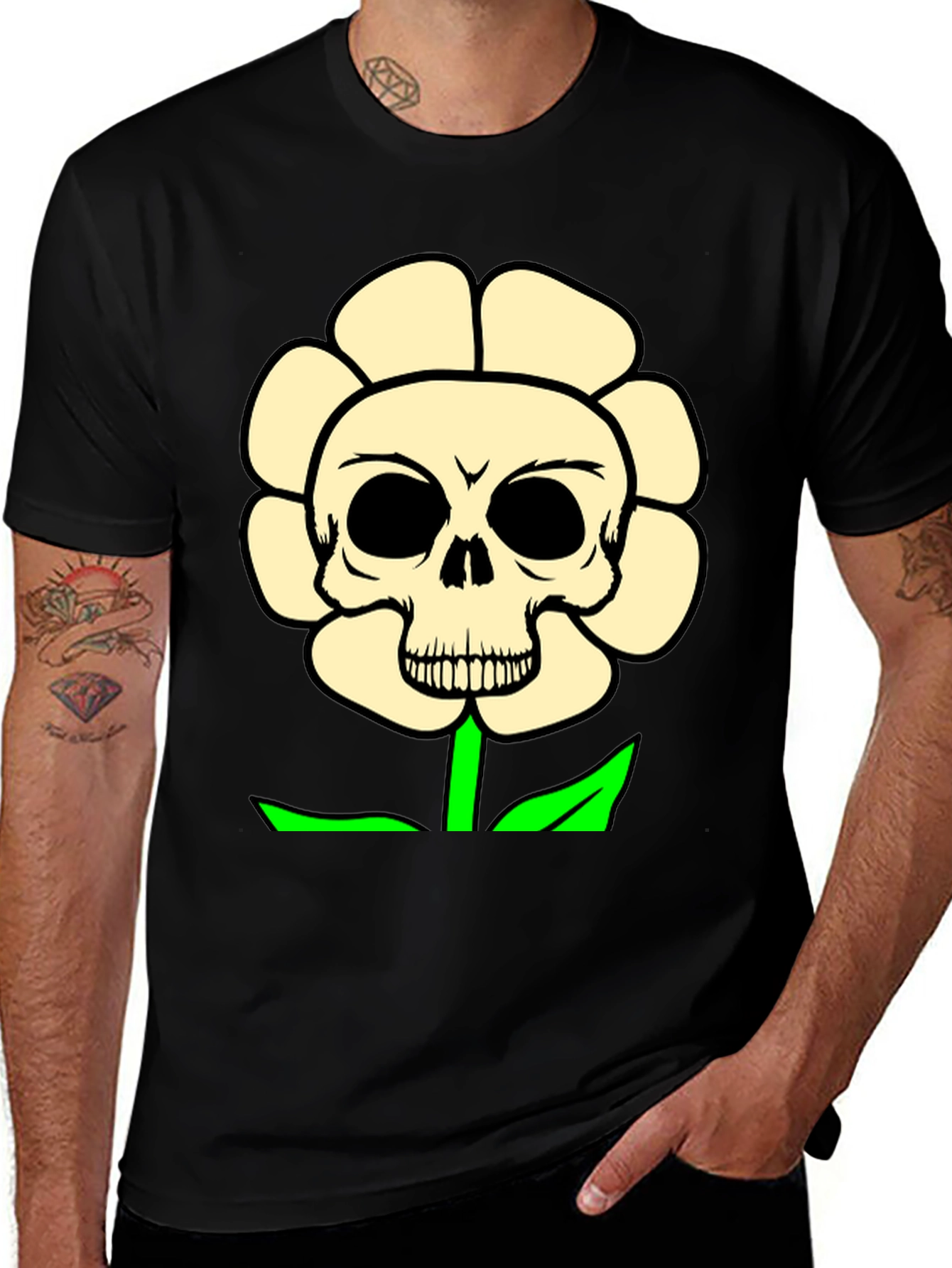 Variant 15 of Skull Flower Graphic Tee - Black Cotton Blend