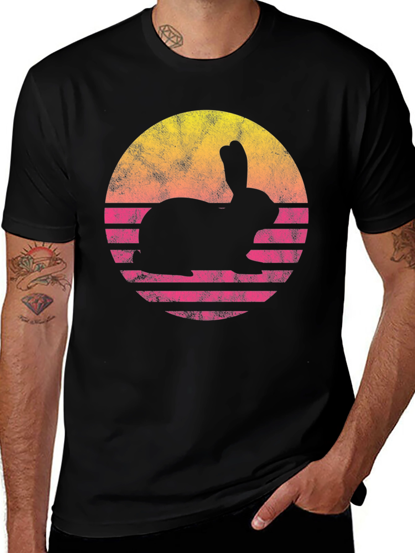 Variant 27 of Retro Bunny Sunset Graphic Tee - Black Cotton Blend T-Shirt