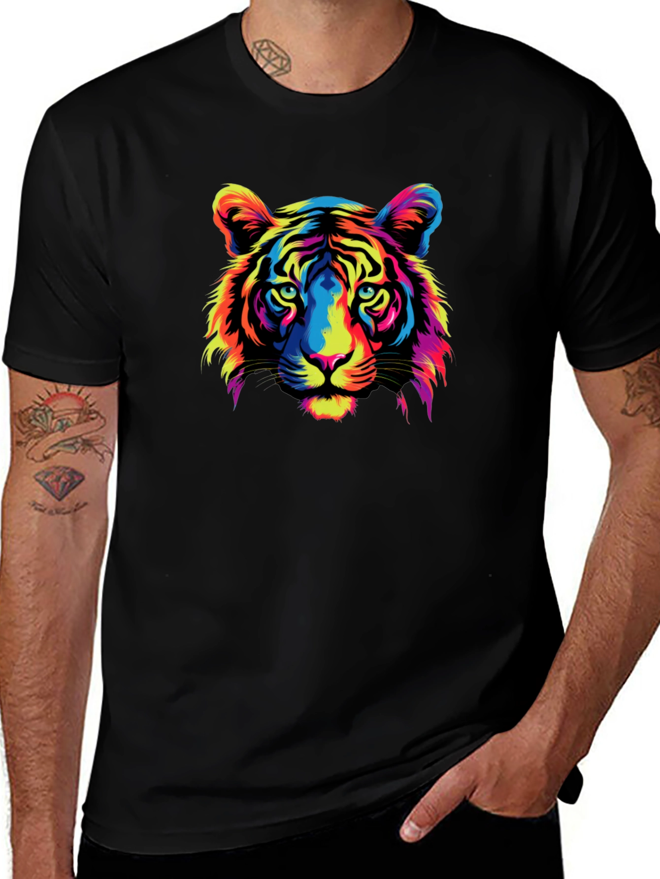 Colorful Tiger Graphic Black T-Shirt