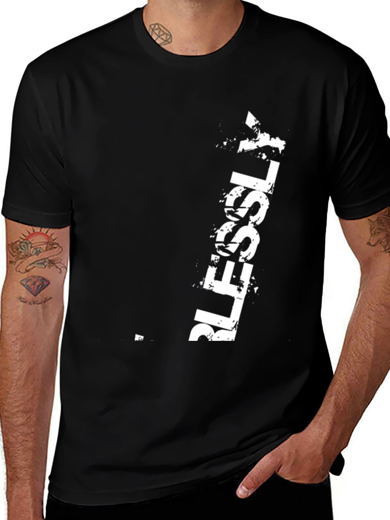 Variant 17 of Men's Black T-Shirt with White "BLESSLY" Print