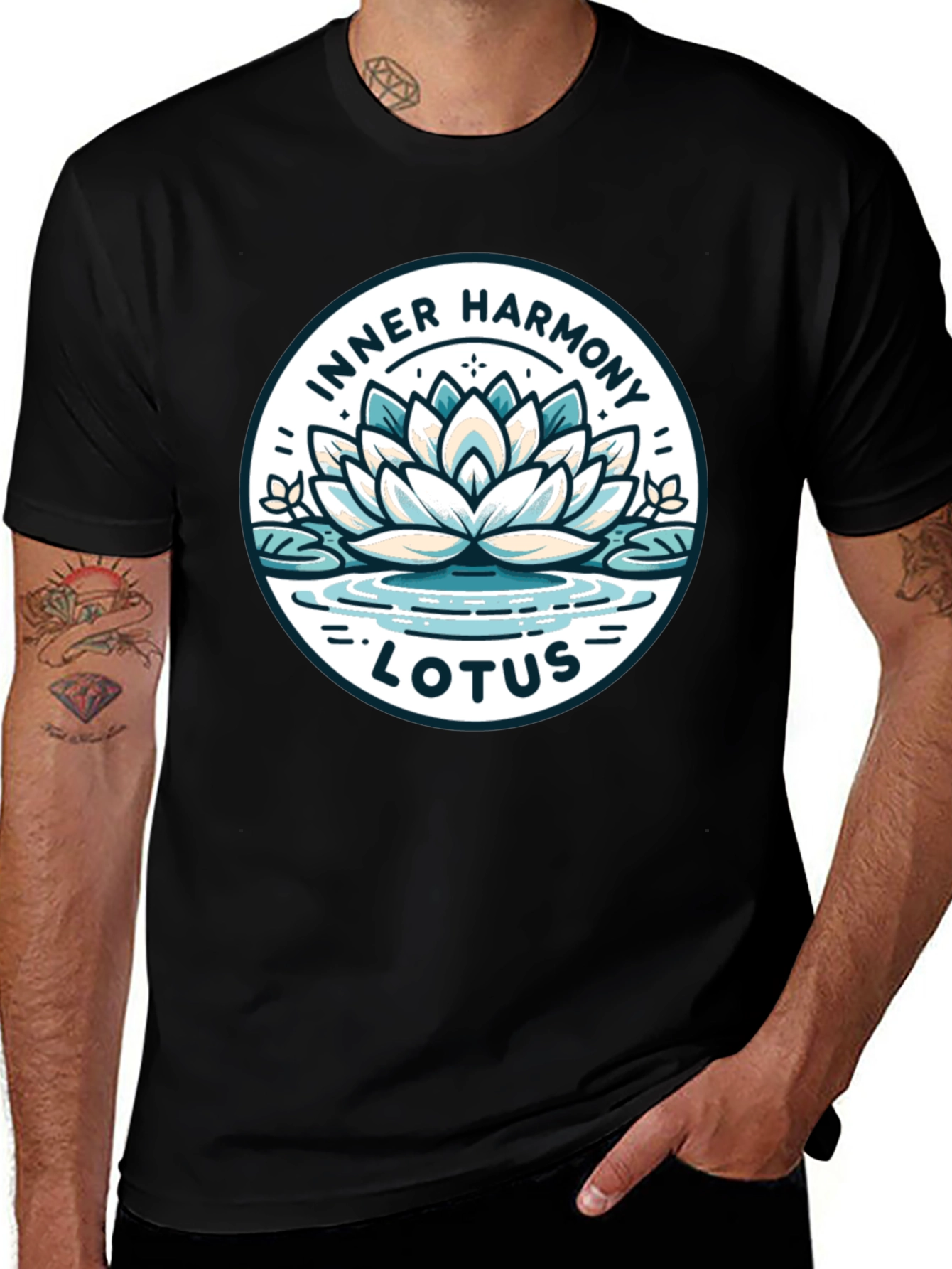 Black Inner Harmony Lotus T-Shirt - Meditative Graphic Tee main image