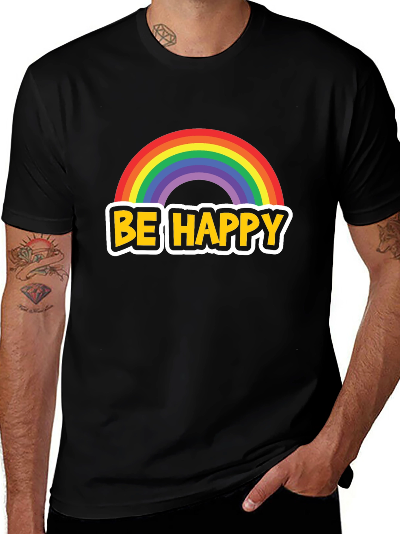 Variant 24 of Be Happy Rainbow Graphic Tee - Black Cotton Blend