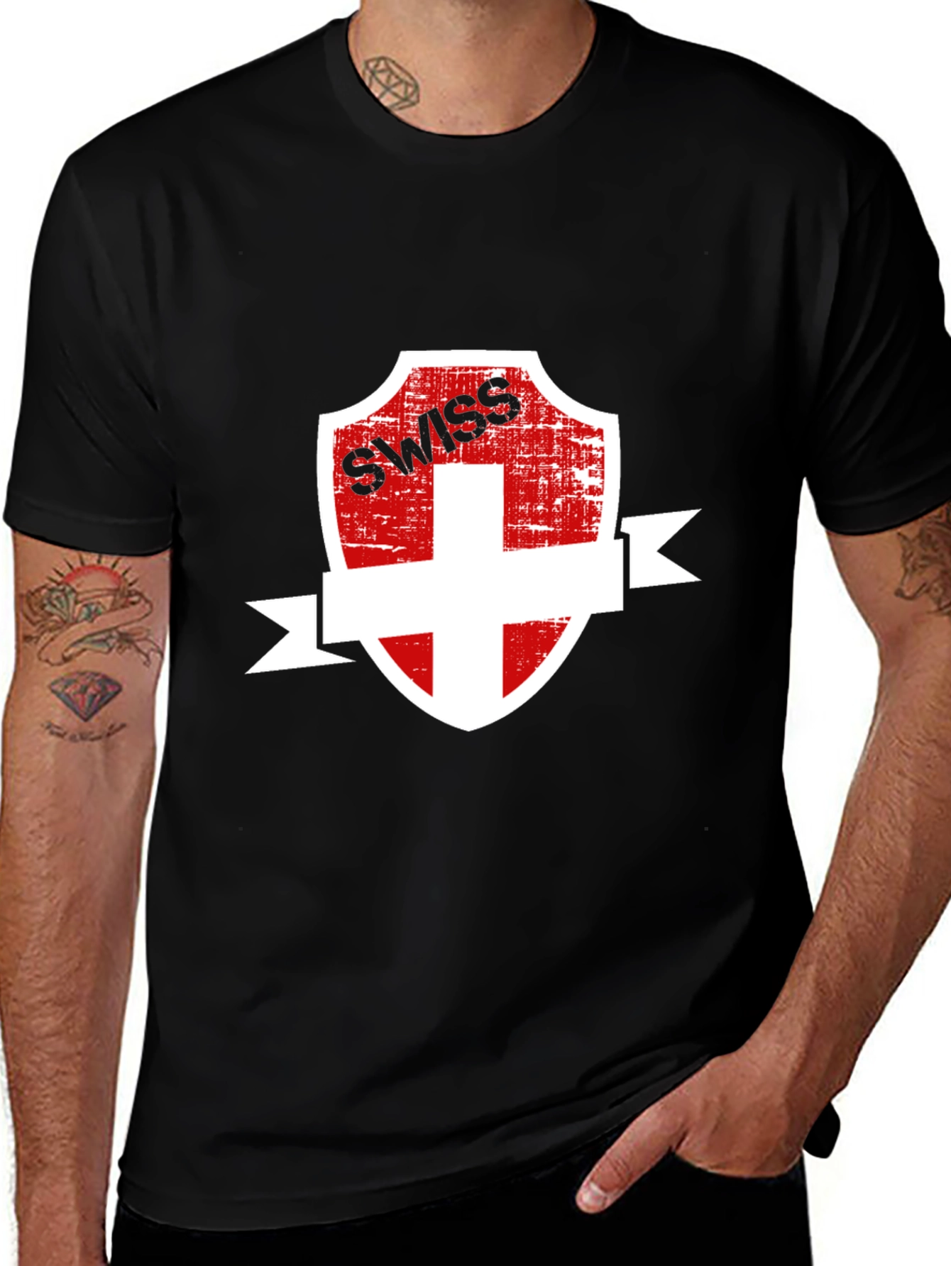 Swiss Shield Graphic Tee - Black Cotton T-Shirt