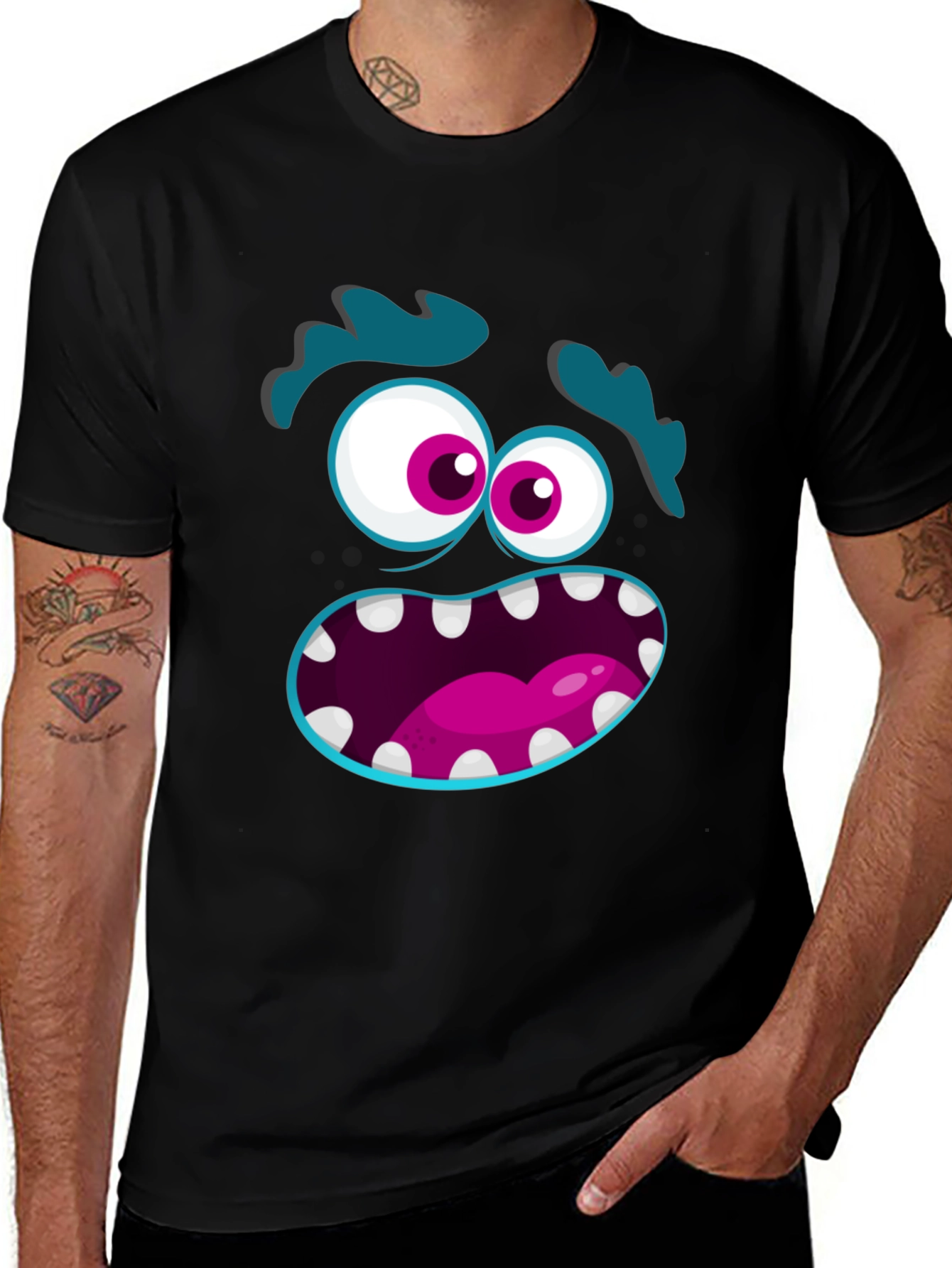 Variant 26 of Monster Face Graphic Tee - Black Cotton T-Shirt