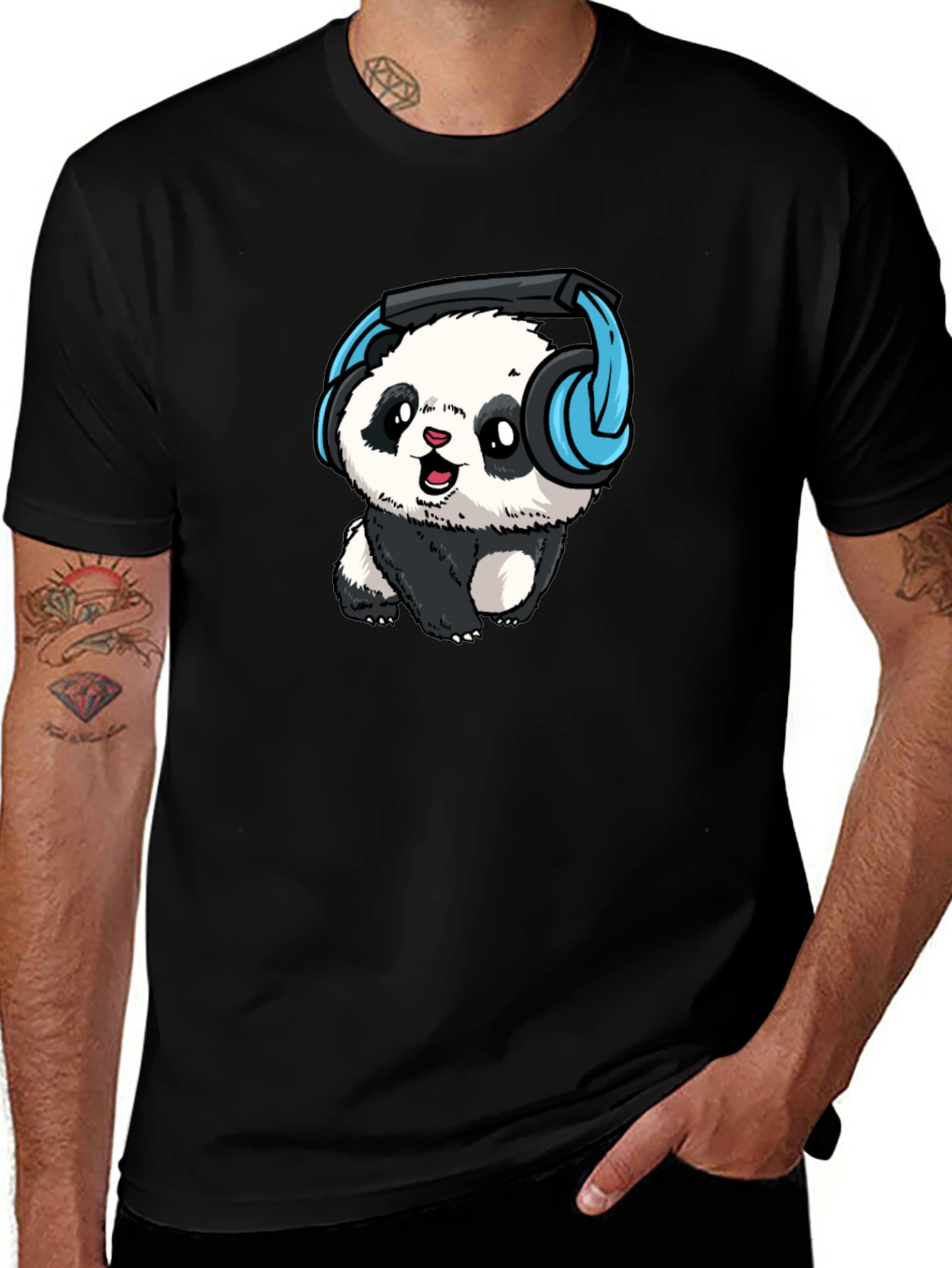 Variant 12 of Cool Panda with Headphones Black T-Shirt