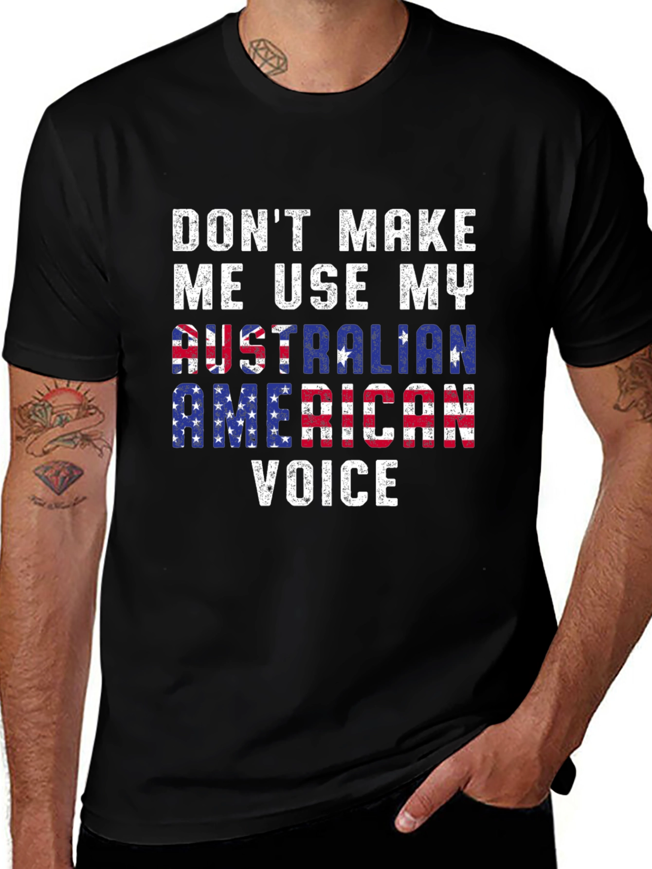 Black Funny Australian American Voice T-Shirt main image