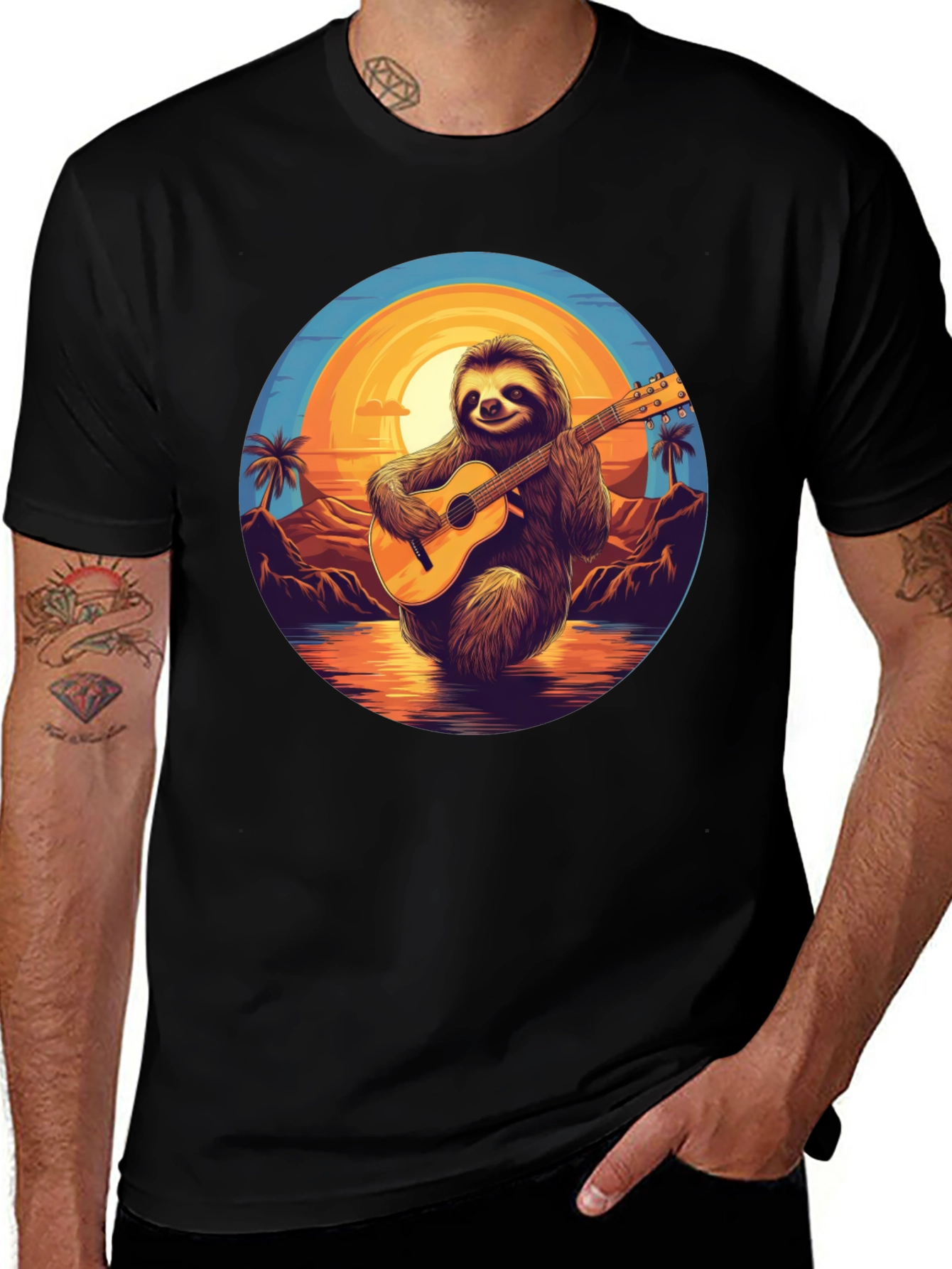Variant 30 of Sloth Guitar Sunset Graphic Tee - Black
