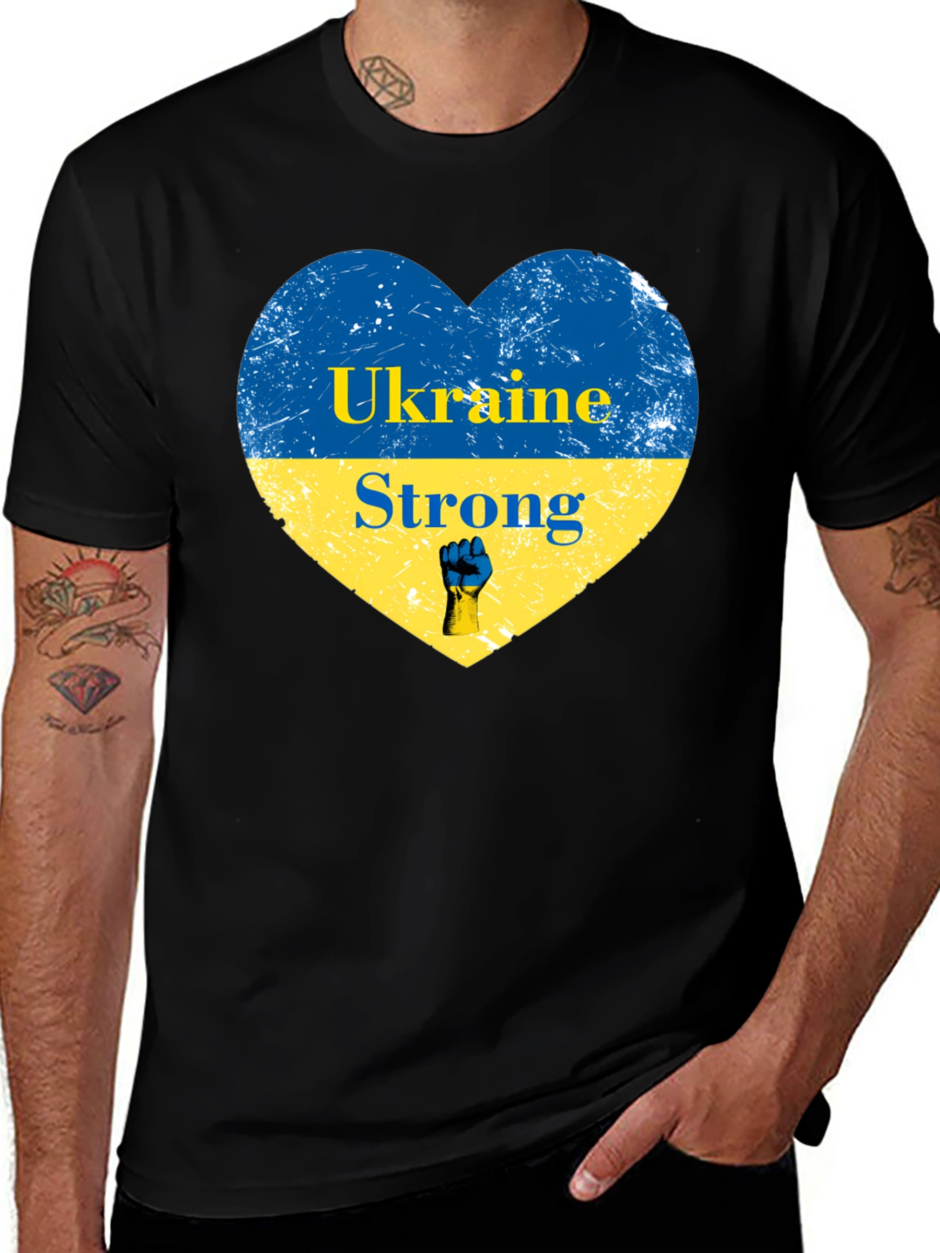 Ukraine Strong T-Shirt, Blue & Yellow Heart Graphic Tee