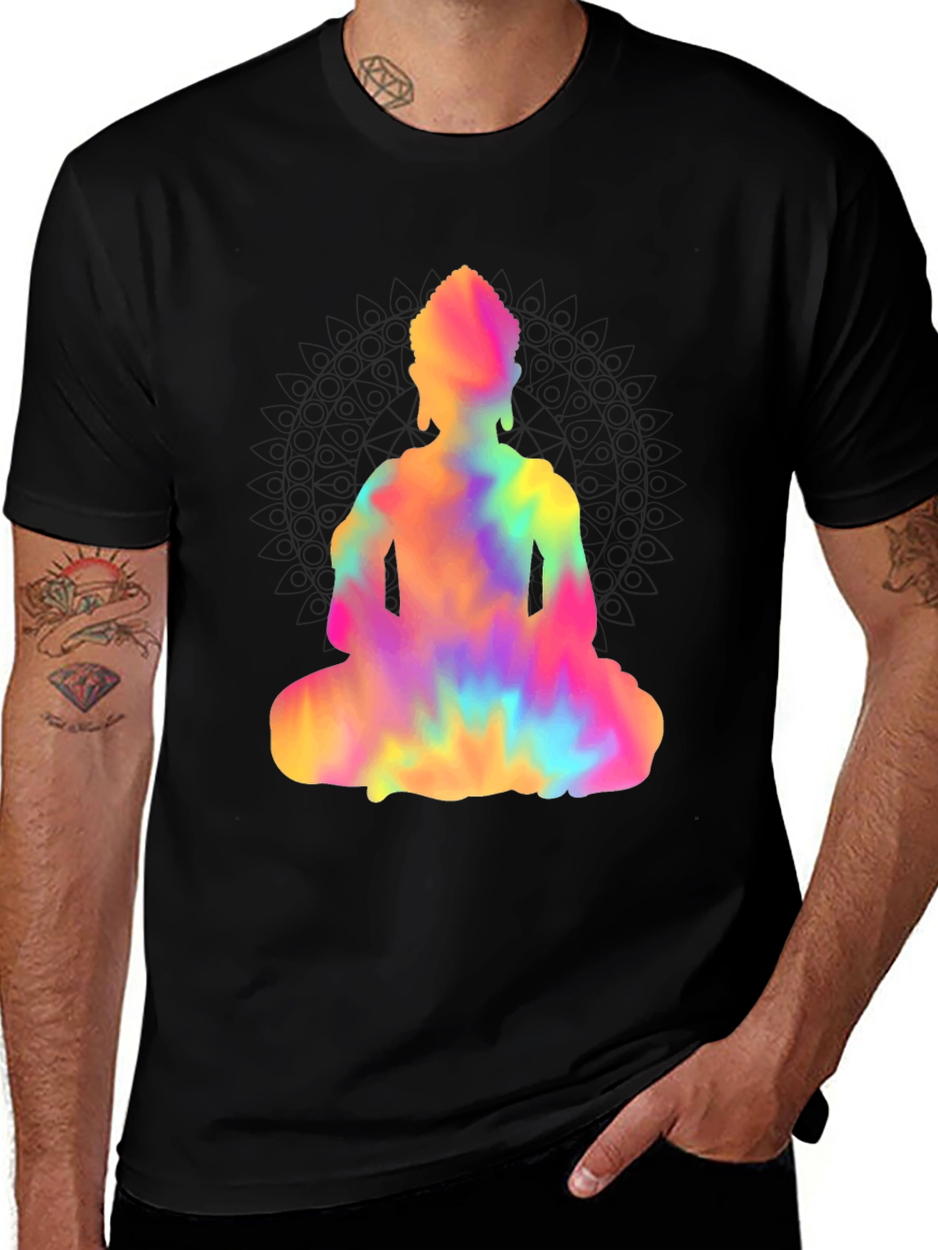Colorful Buddha Graphic T-Shirt - Black
