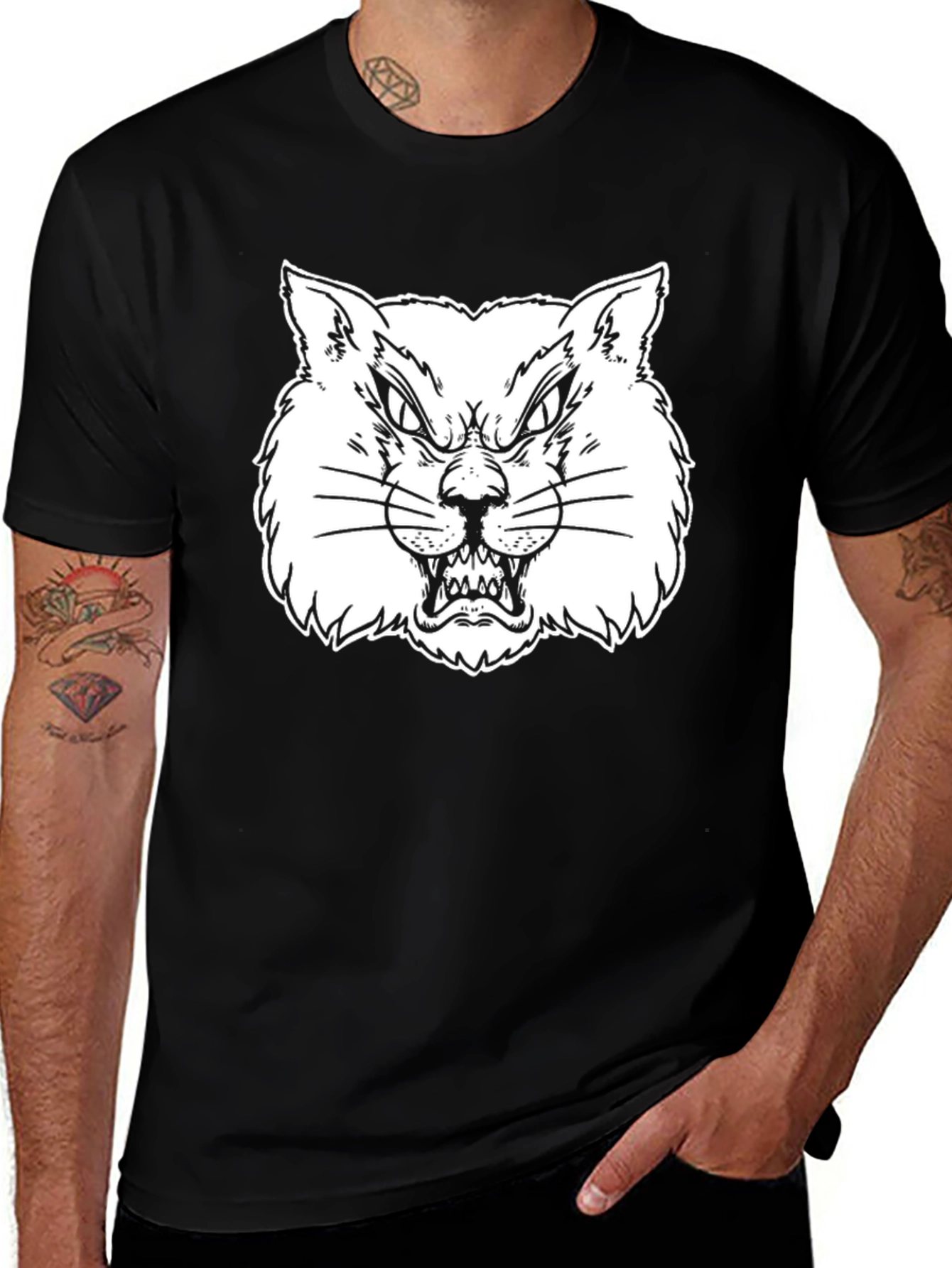 Black Men's Black T-Shirt with Angry Cat Graphic main image