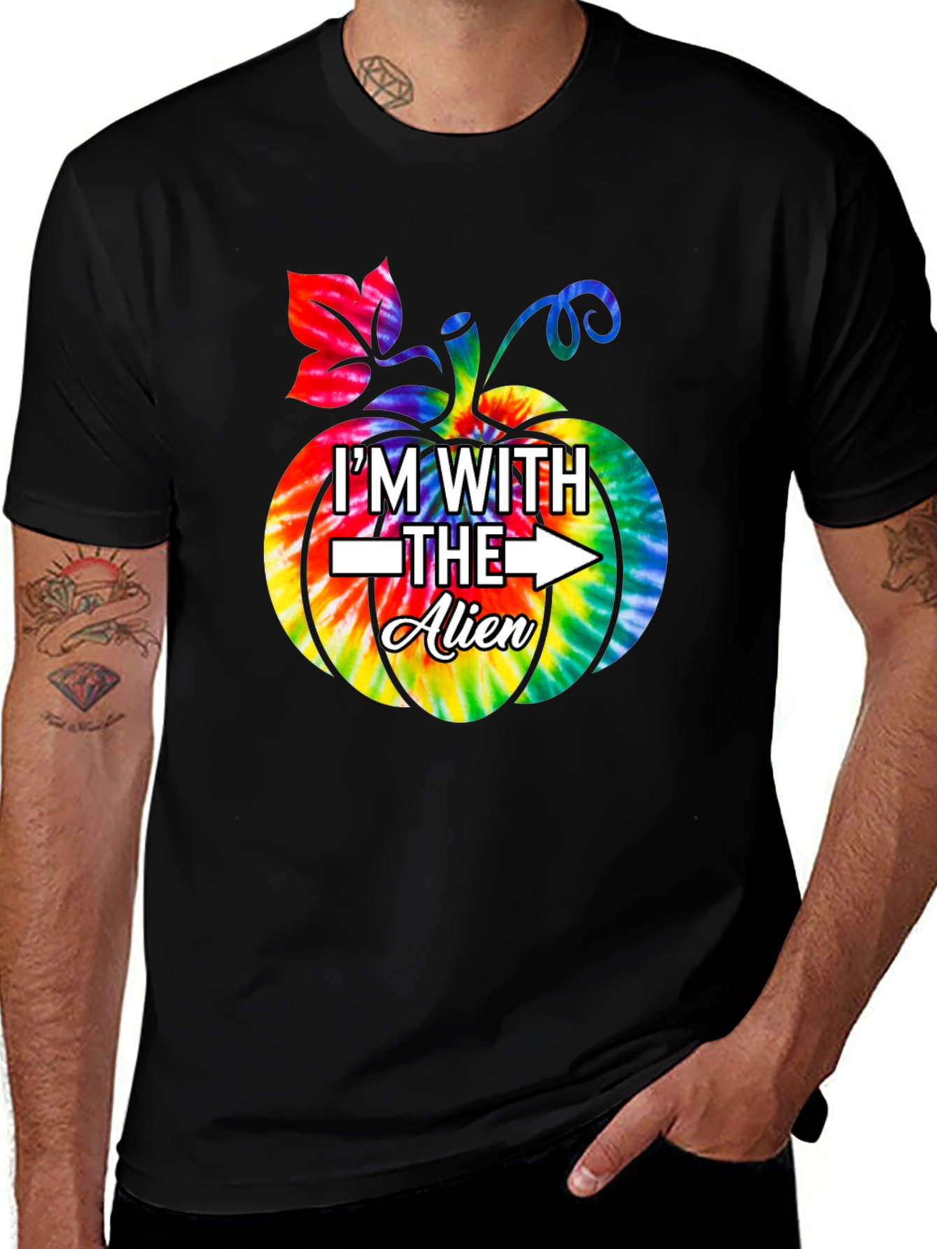I'm With The Alien Tie Dye Pumpkin Halloween T-Shirt