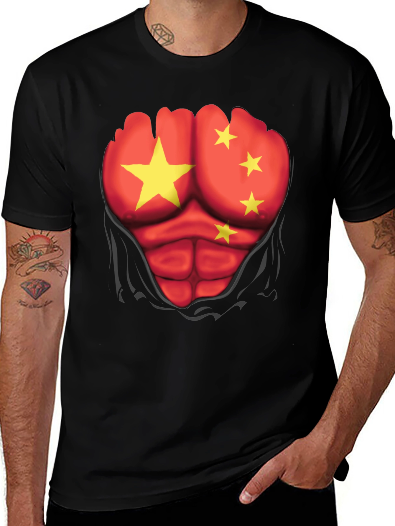 Variant 22 of China Flag Ripped Abs Black T-Shirt