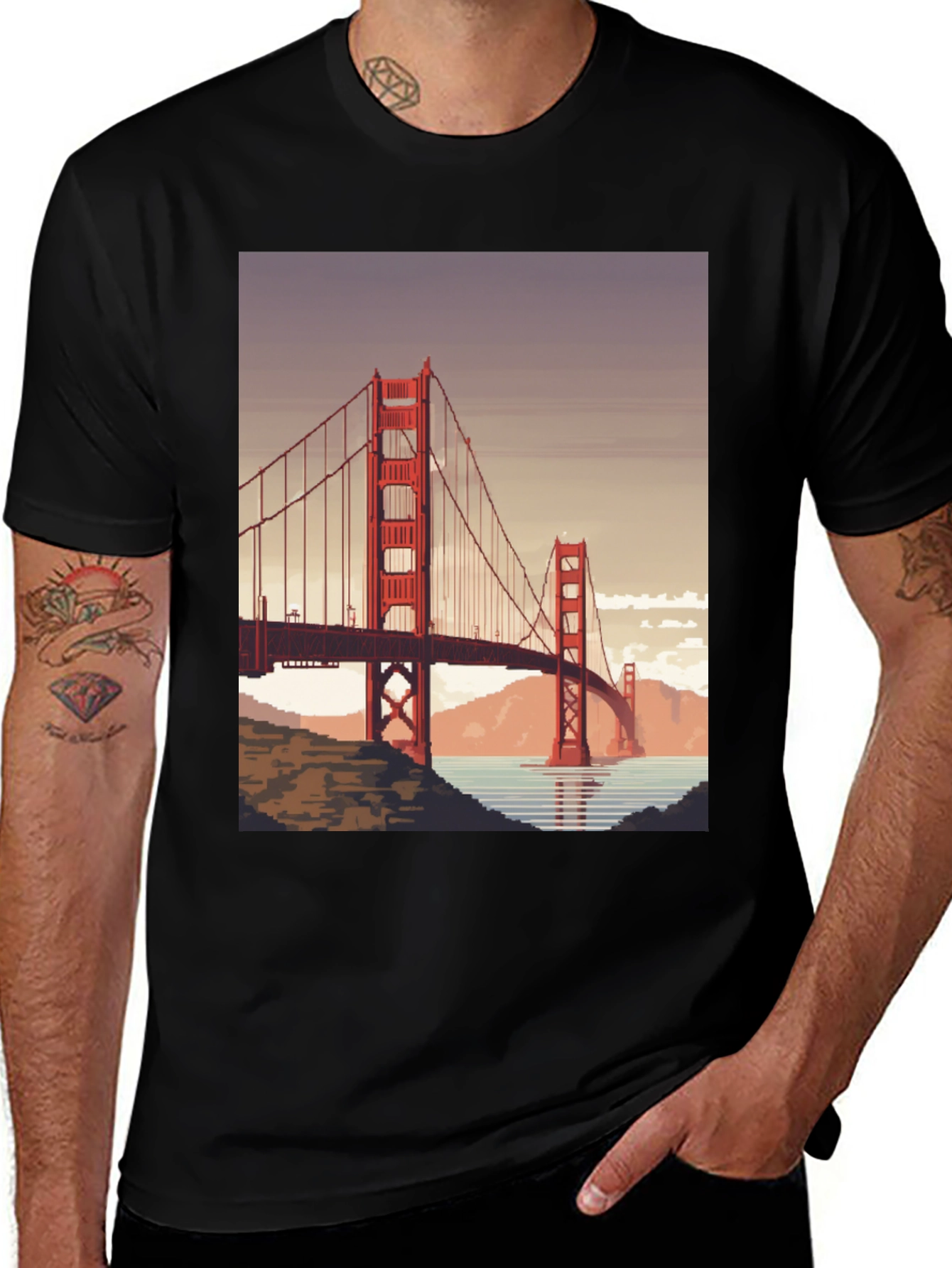 Variant 30 of Golden Gate Bridge Pixel Art Black T-Shirt