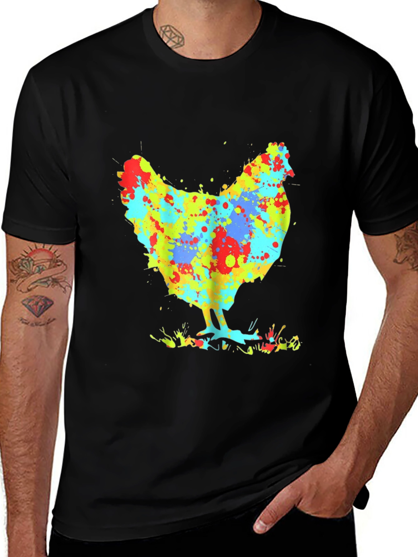 Variant 11 of Men's Black T-Shirt with Colorful Chicken Graphic