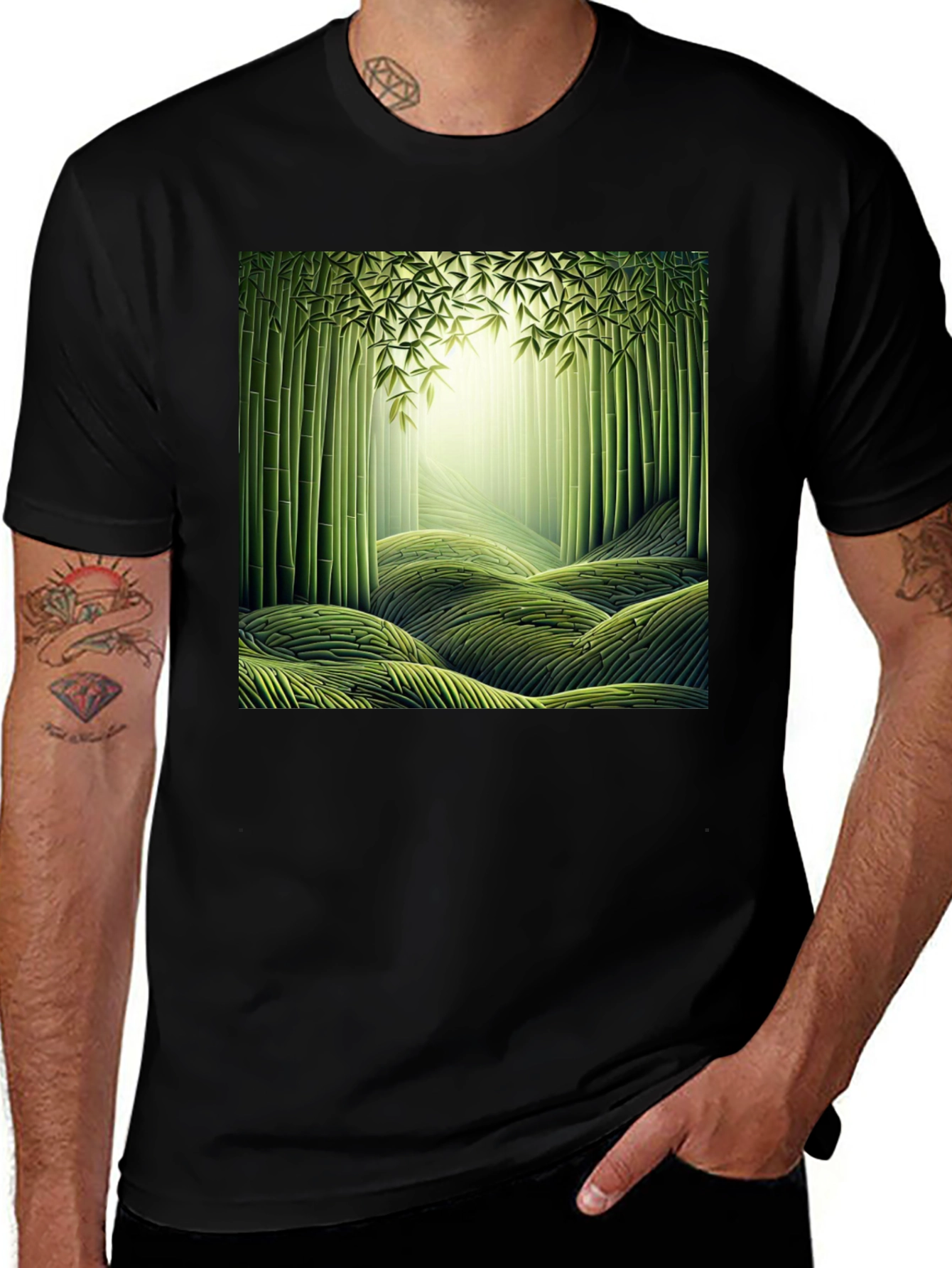 Variant 25 of Bamboo Forest Print Black T-Shirt