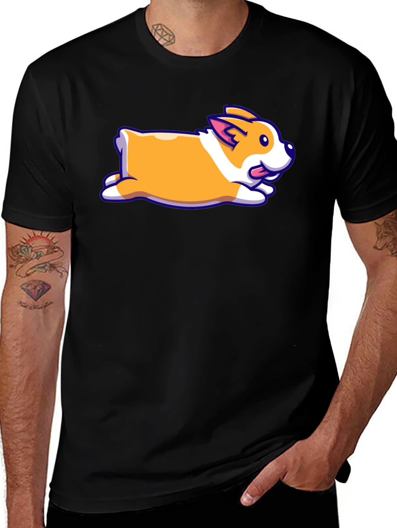 Variant 12 of Cute Corgi Cartoon Print Black T-Shirt