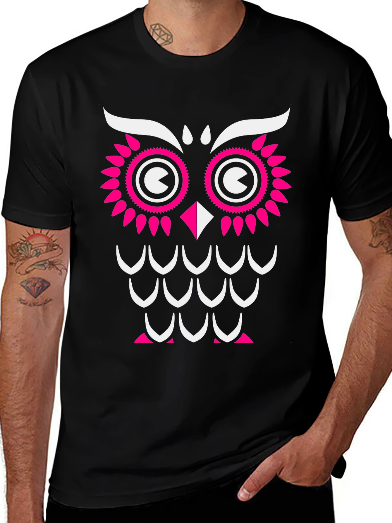Variant 27 of Owl Graphic Print T-Shirt - Black with Pink & White Design