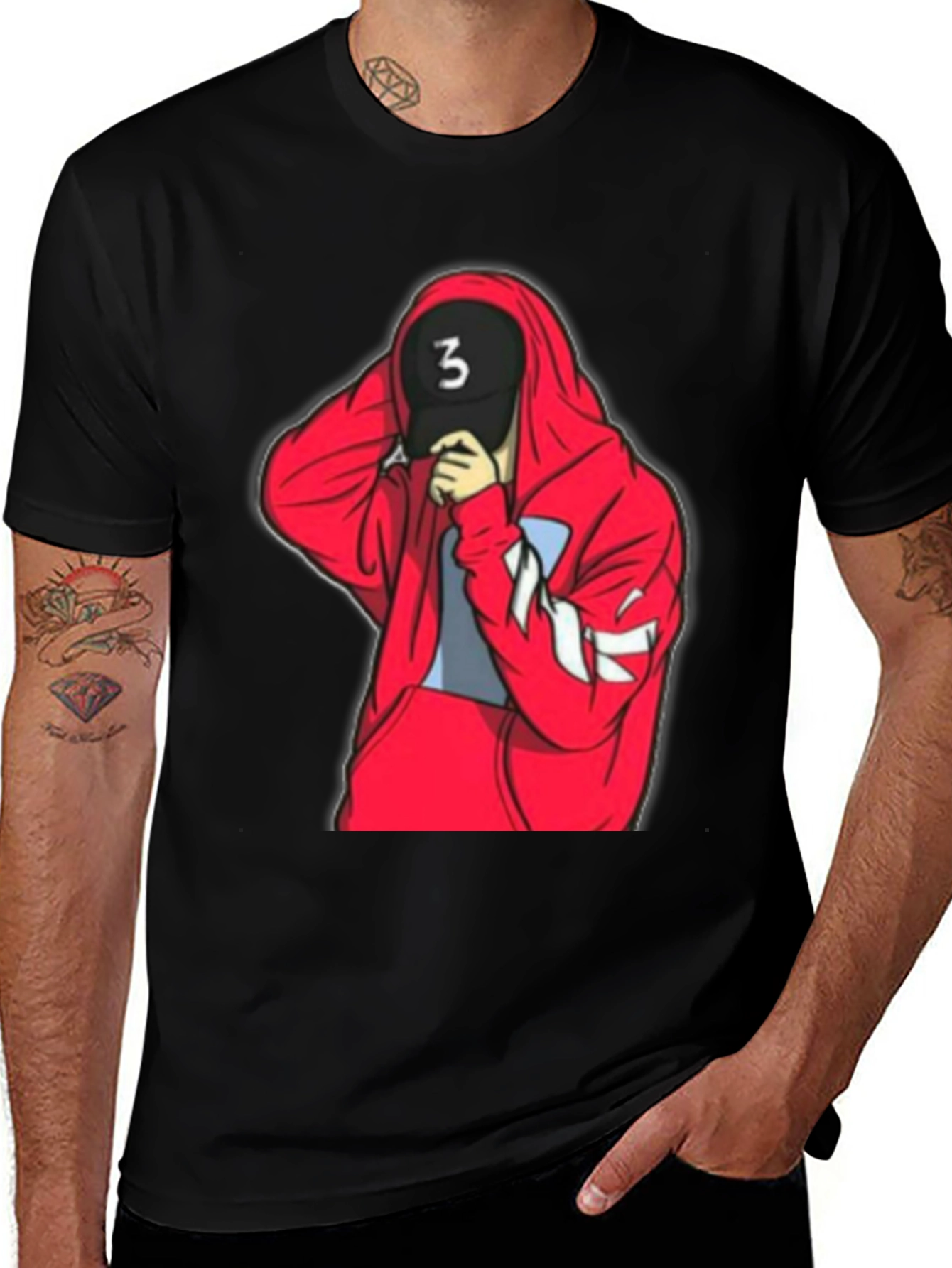Variant 27 of Black Tee with Red Hooded Figure Graphic