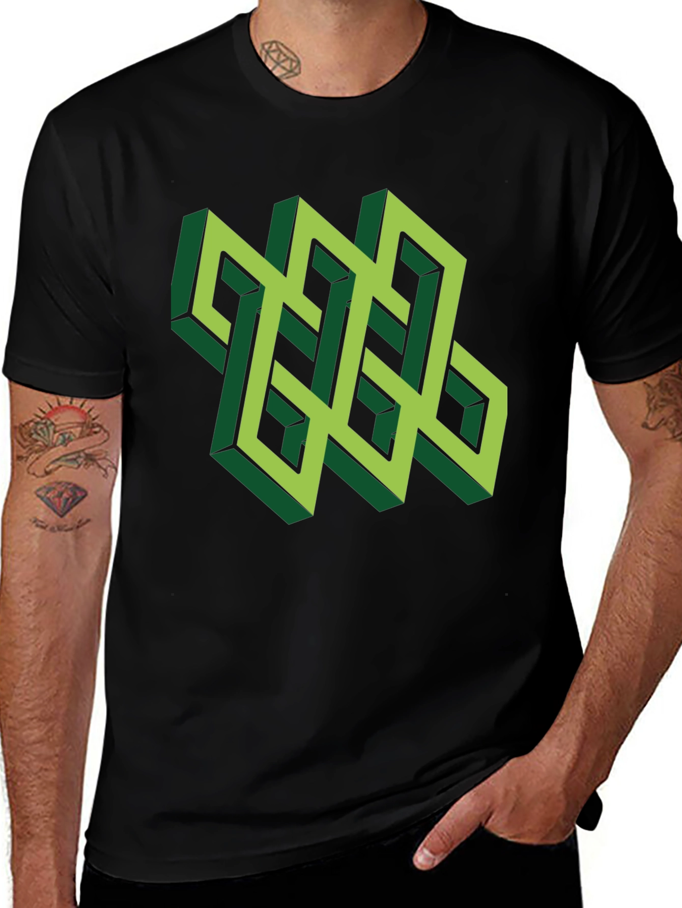 Variant 13 of Optical Illusion T-Shirt: Geometric Design in Green
