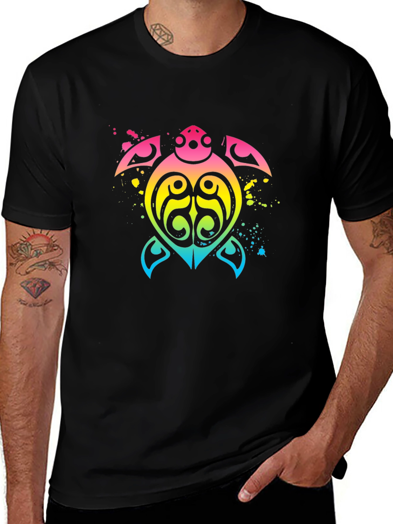Variant 25 of Rainbow Tribal Turtle Black T-Shirt