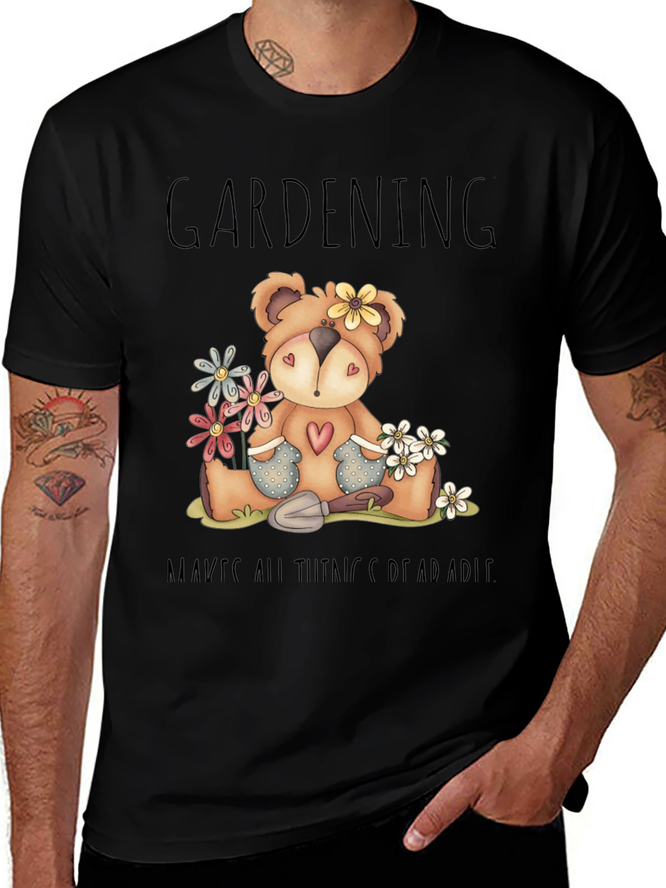 Variant 29 of Gardening Teddy Bear Black Graphic T-Shirt