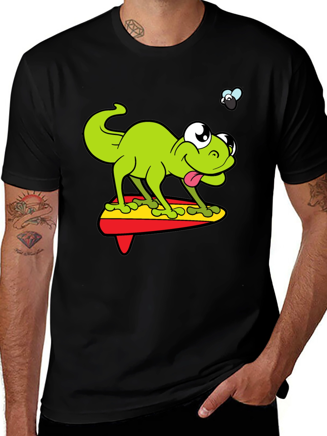 Variant 5 of Cartoon Lizard Surfing Graphic Black T-Shirt