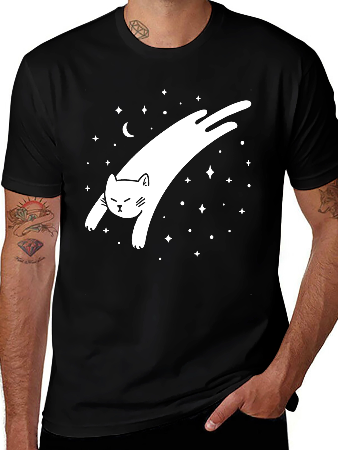 Variant 29 of Cosmic Cat T-Shirt - Black Cotton Tee with Starry Design