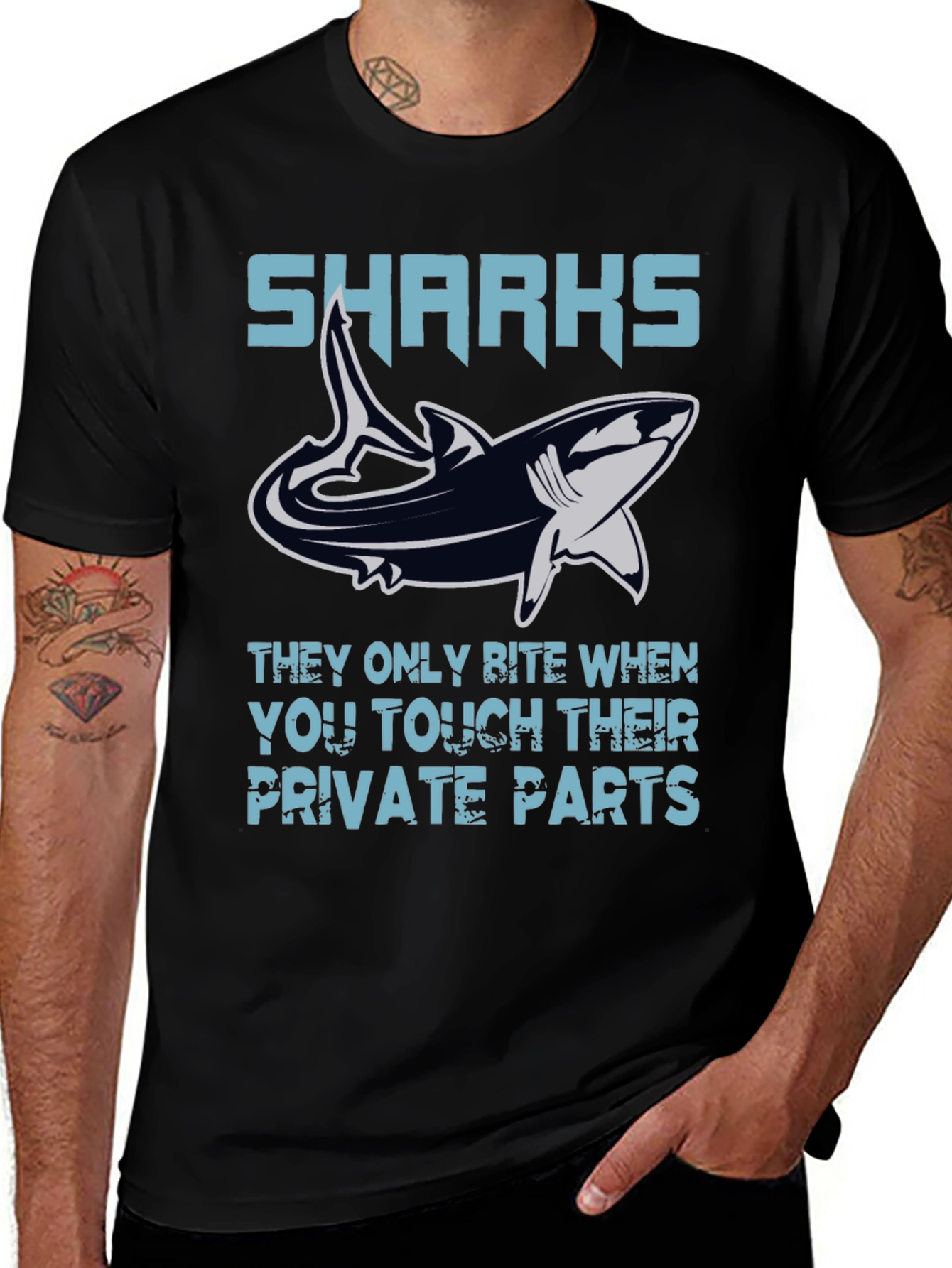 Variant 22 of Shark Bite Humor Graphic Tee - Black Cotton T-Shirt